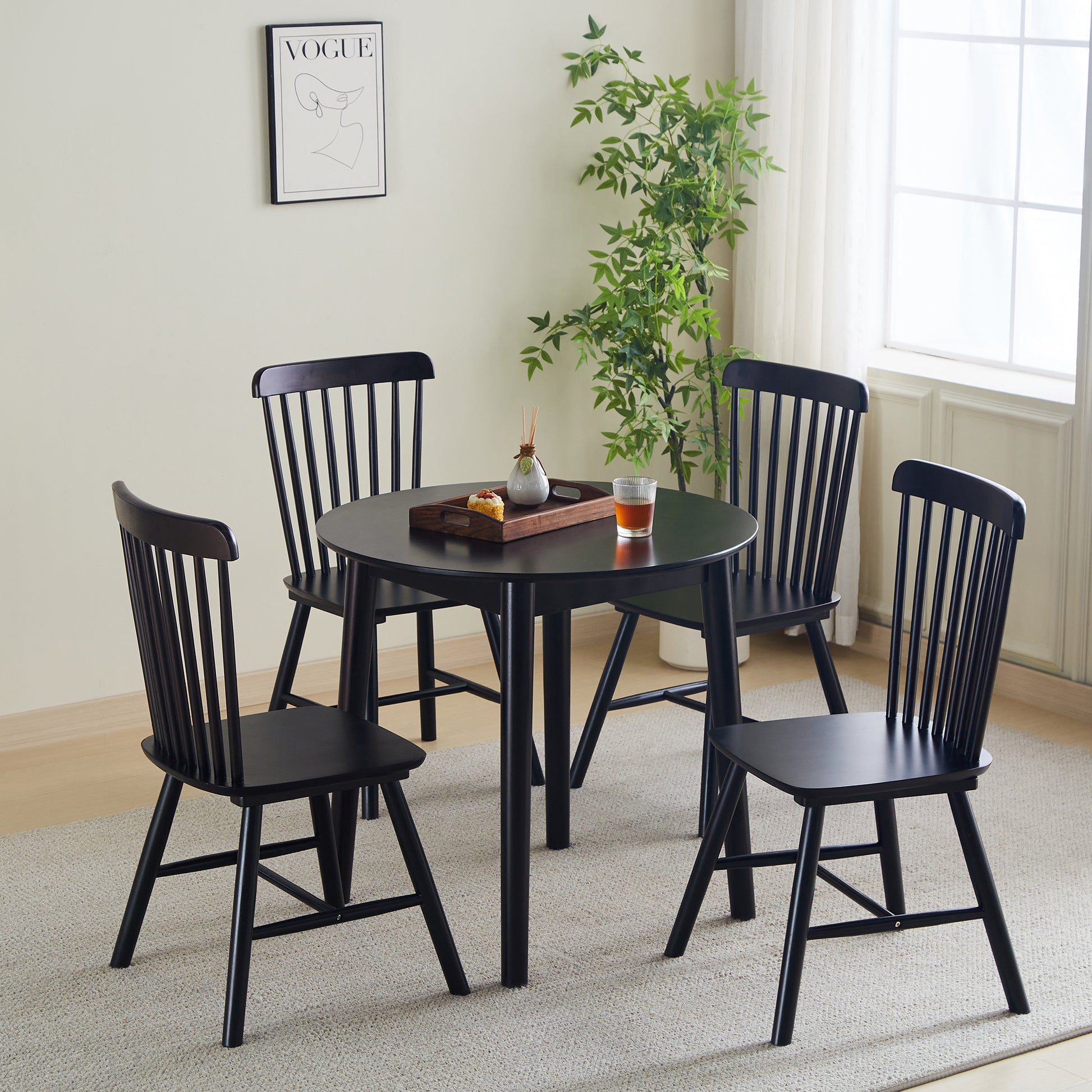 Black Round Table, All Solid Wood, Can Sit 2 4 People Diameter 31.5 Inches Black Solid Wood