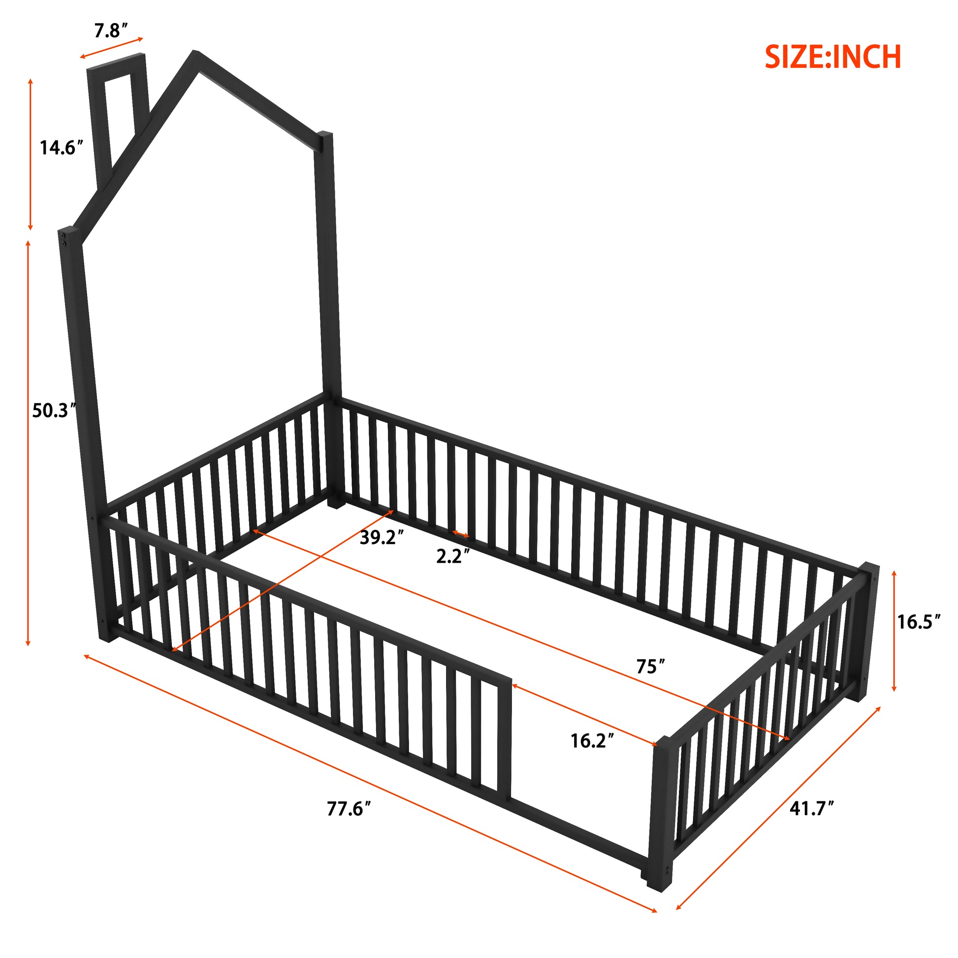 Twin Size Metal House Platform Bed With Guardrail And Chimney, Black Box Spring Not Required Twin Black Metal Metal