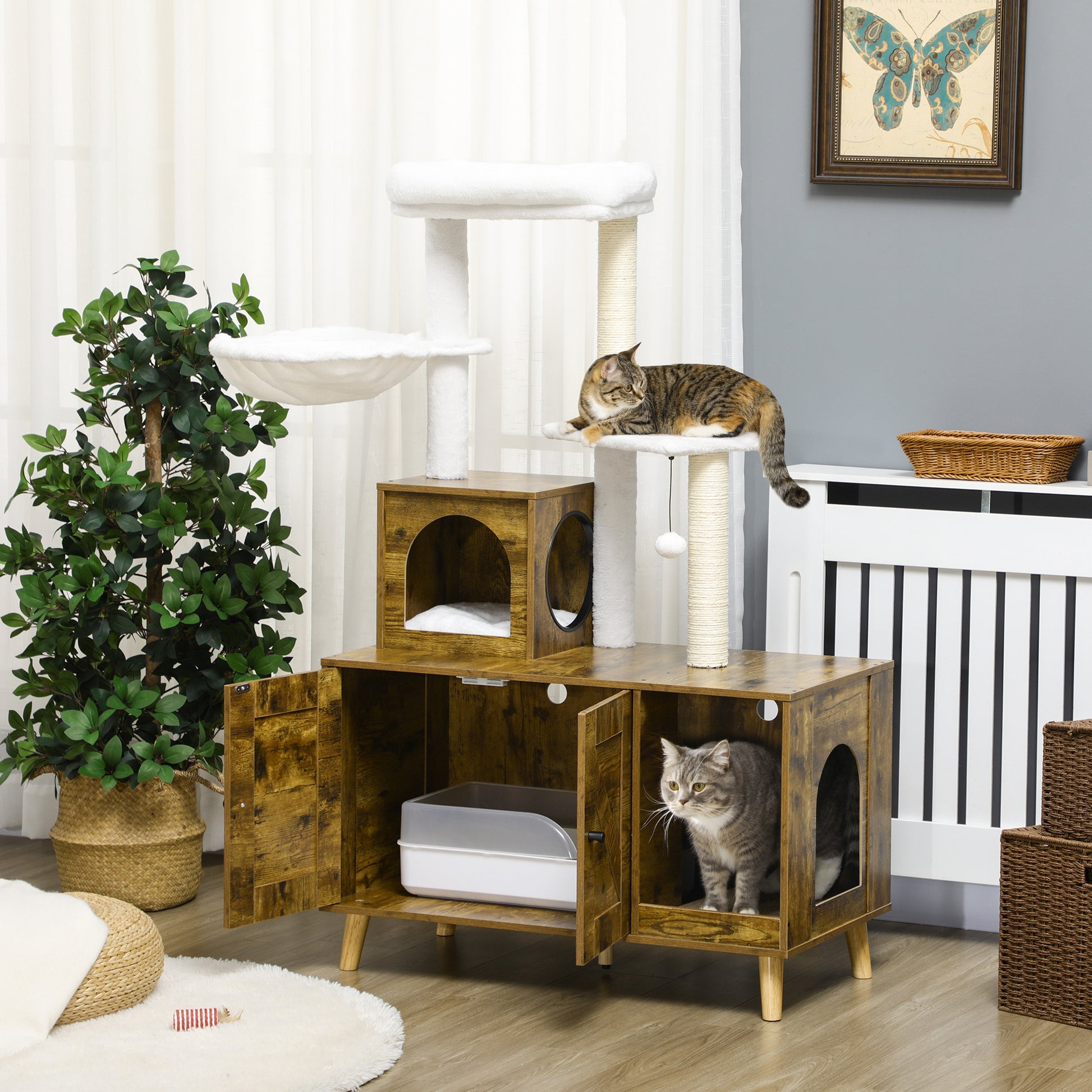 Pawhut Cat Tree With Litter Box Enclosure, 2 In 1 Cat Tower Litter Box Furniture Indoor, Cat Condo With Hammock, Scratching Posts Pad, Rustic Brown Rustic Brown Particle Board