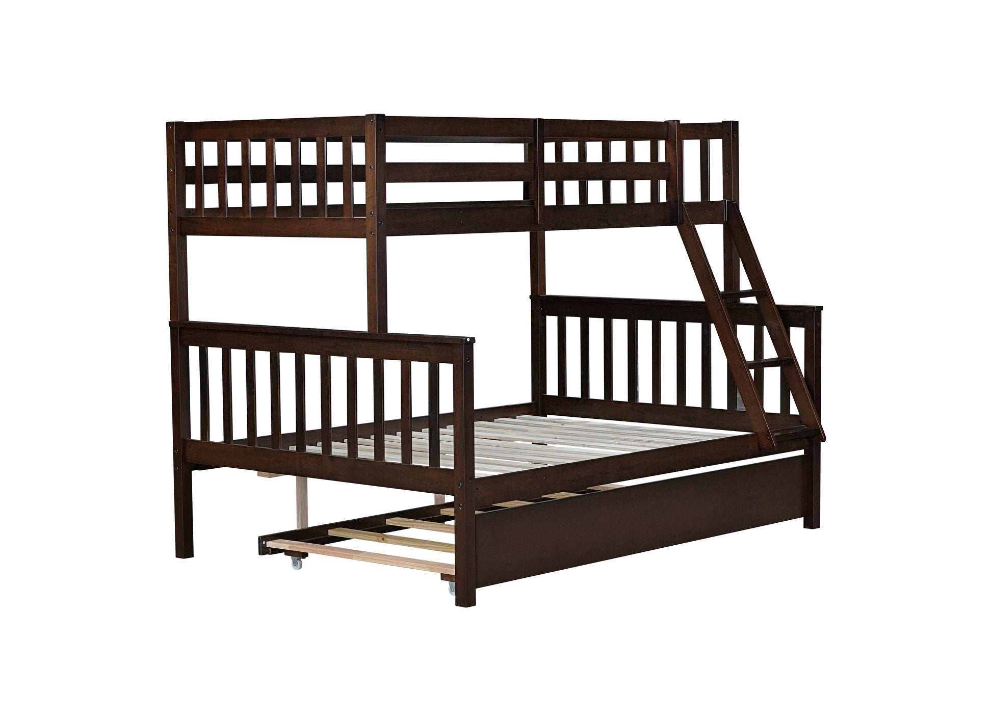 Twin Over Full Rubber Wood Bunk Bed With Trundle, Convertible Ladder And Guardrail, Detachable, Convertible Bed, With Twin Size Trundle ,Espresso Twin Espresso Rubber Wood