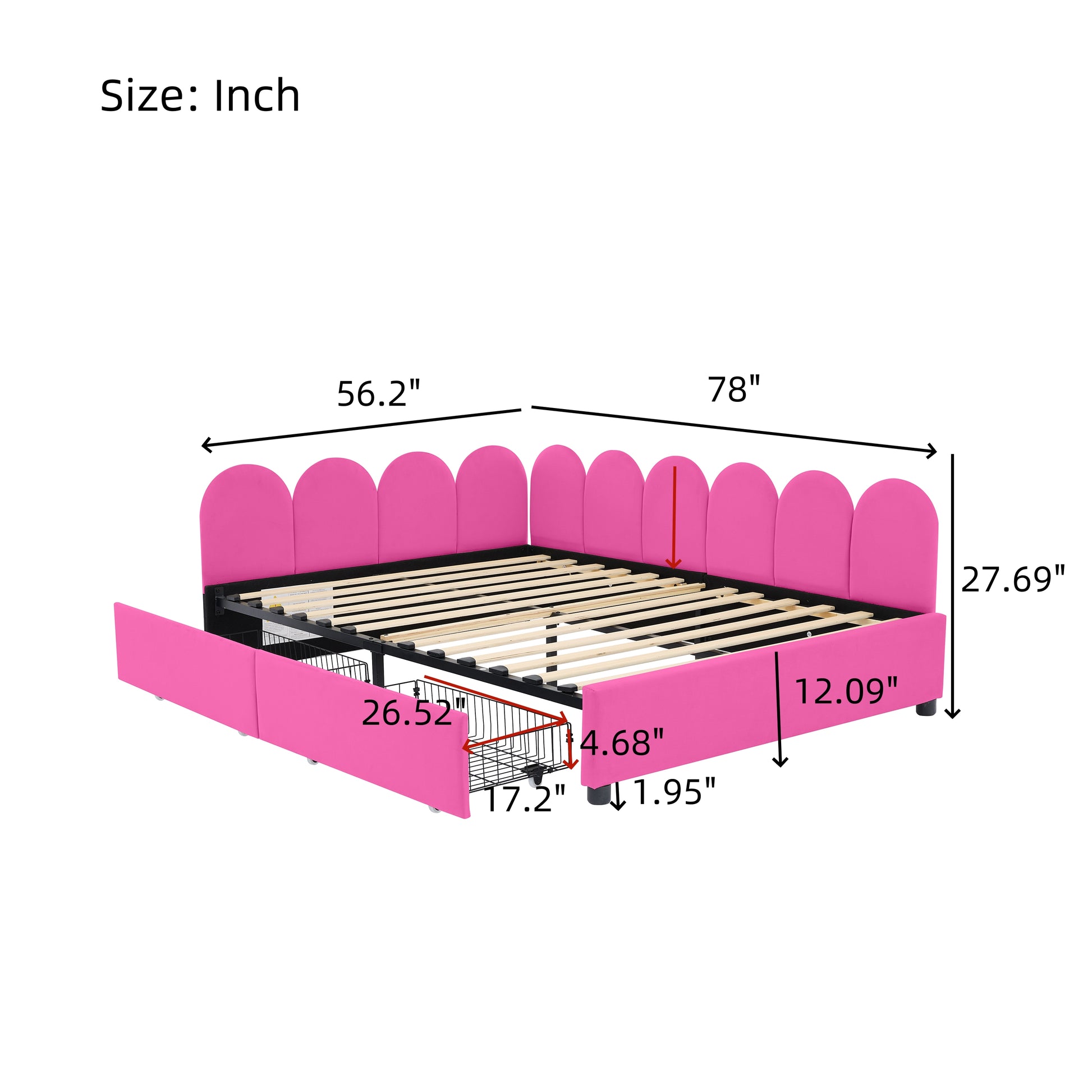 Full Size Upholstered Daybed With 2 Drawers, Velvet Sofabed With Soft Fabric Headboard, No Box Spring Needed, Rose Red Full Rose Red Wood Fabric