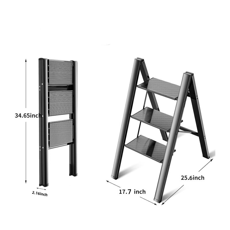 3 Step Ladder Aluminum Light Folding Step Bench Wide Non Slip Pedal 300 Lb Capacity Home Office Portable Ladder Black Black Aluminium