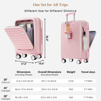 Luggage Set Of 3, 20, 24, 28Inch With Usb Port, 20, 24Inch With Front Opening Design Airline Certified Carry On Luggage With Cup Holder, Abs Hard Shell Luggage With Spinner Wheels, Pink Pink Abs