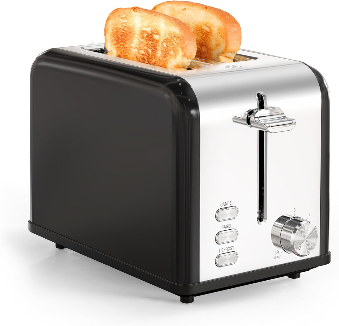 2 Slice Toaster With 6 Browning Setting And 3 Function, Extra Wide Slot & Removable Crumb Tray, Retro Stainless Steel Style, For Bread & Waffle Black Stainless Steel