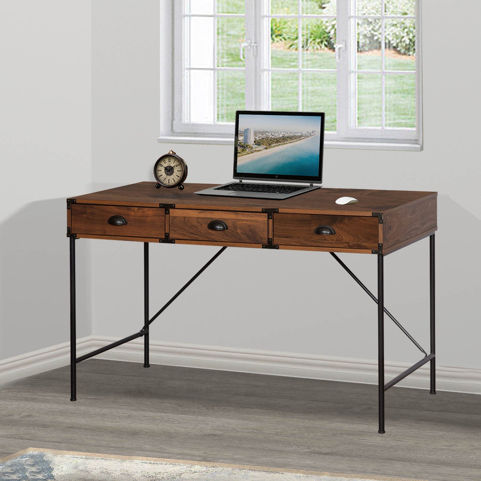 "47"" Writing Desk With 3Drawers" Robust Walnut Office Desk With Metal Frame Sleek Computer Desk With Drawers, Heavy Duty Workstation For Home And Office, Industrial Design With Large Storage Walnut Solid Wood