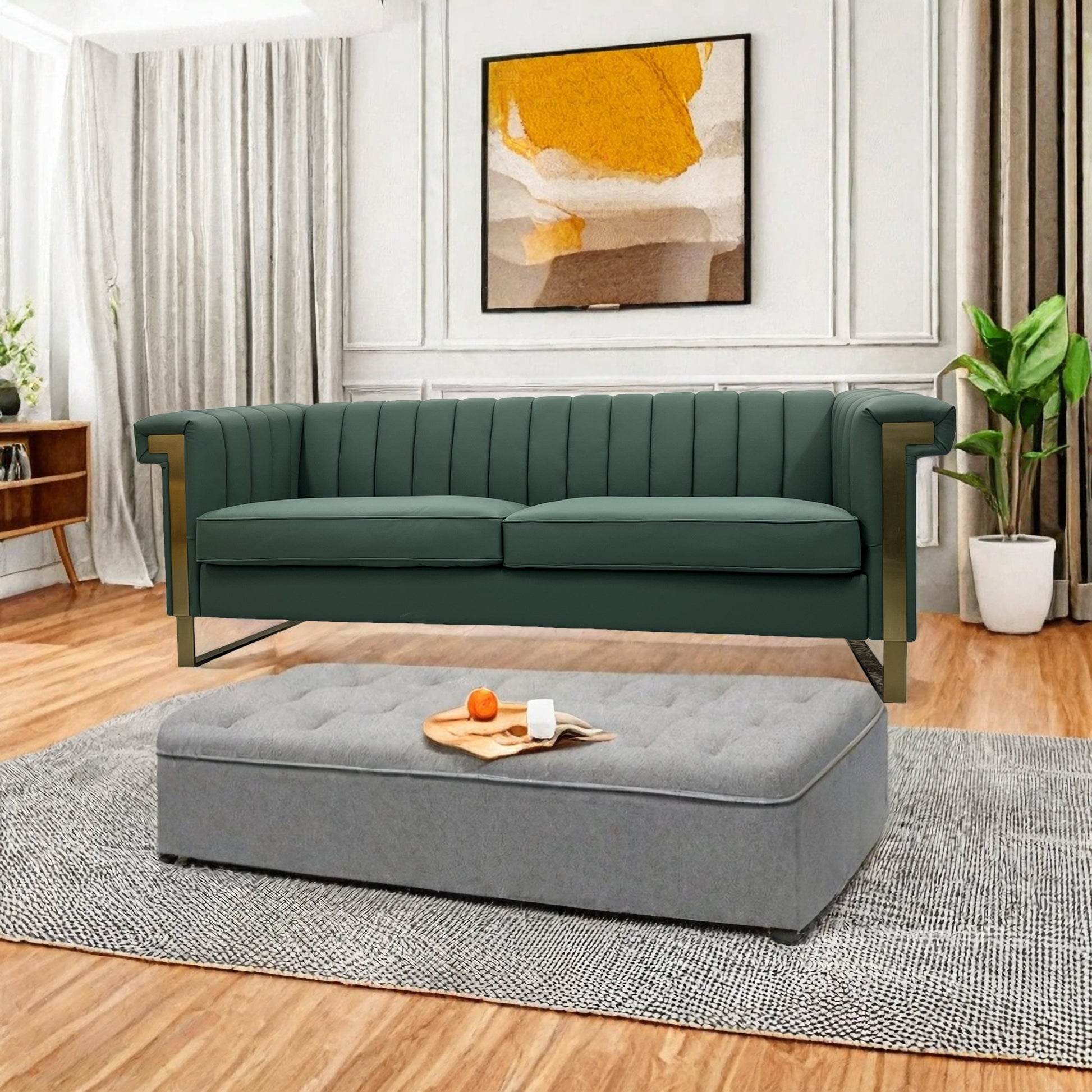 Fx P81Pu Gr Sofa Modern Green Pu Sofa With Gold Accents Sleek Channel Tufted Upholstery, 3 Seat Couch For Living Room And Office Decor Temu Suitable Retro Green Pu 2 Seat