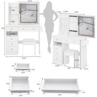 37" Middle Size Left Drawer Desktop Vanity Table Cushioned Stool Dresser Set, 2 Ac 2 Usb Socket, Hair Dryer Stand, Large Touch Control Led Sliding Mirror, 3 Color Sswitch, Epa, Gcc, Ul Certificate