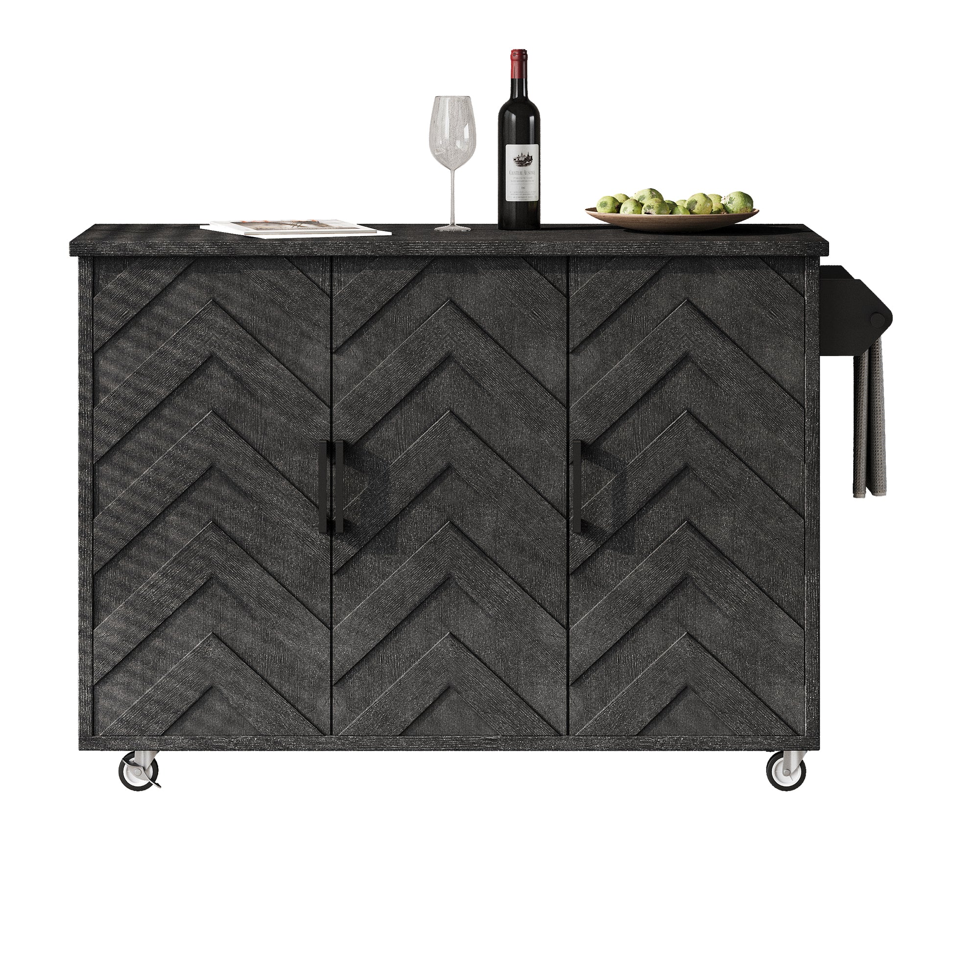 K&K 51.2"W 3D Wave Stripes Ash Veneer Not Cheap Paper Kitchen Island With Drop Leaf, Farmhouse Kitchen Island On Wheels With Internal Storage Rack, Rolling Kitchen Cart Black Black Brown Kitchen