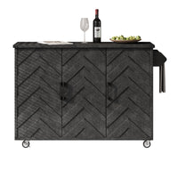 K&K 51.2"W 3D Wave Stripes Ash Veneer Not Cheap Paper Kitchen Island With Drop Leaf, Farmhouse Kitchen Island On Wheels With Internal Storage Rack, Rolling Kitchen Cart Black Black Brown Kitchen