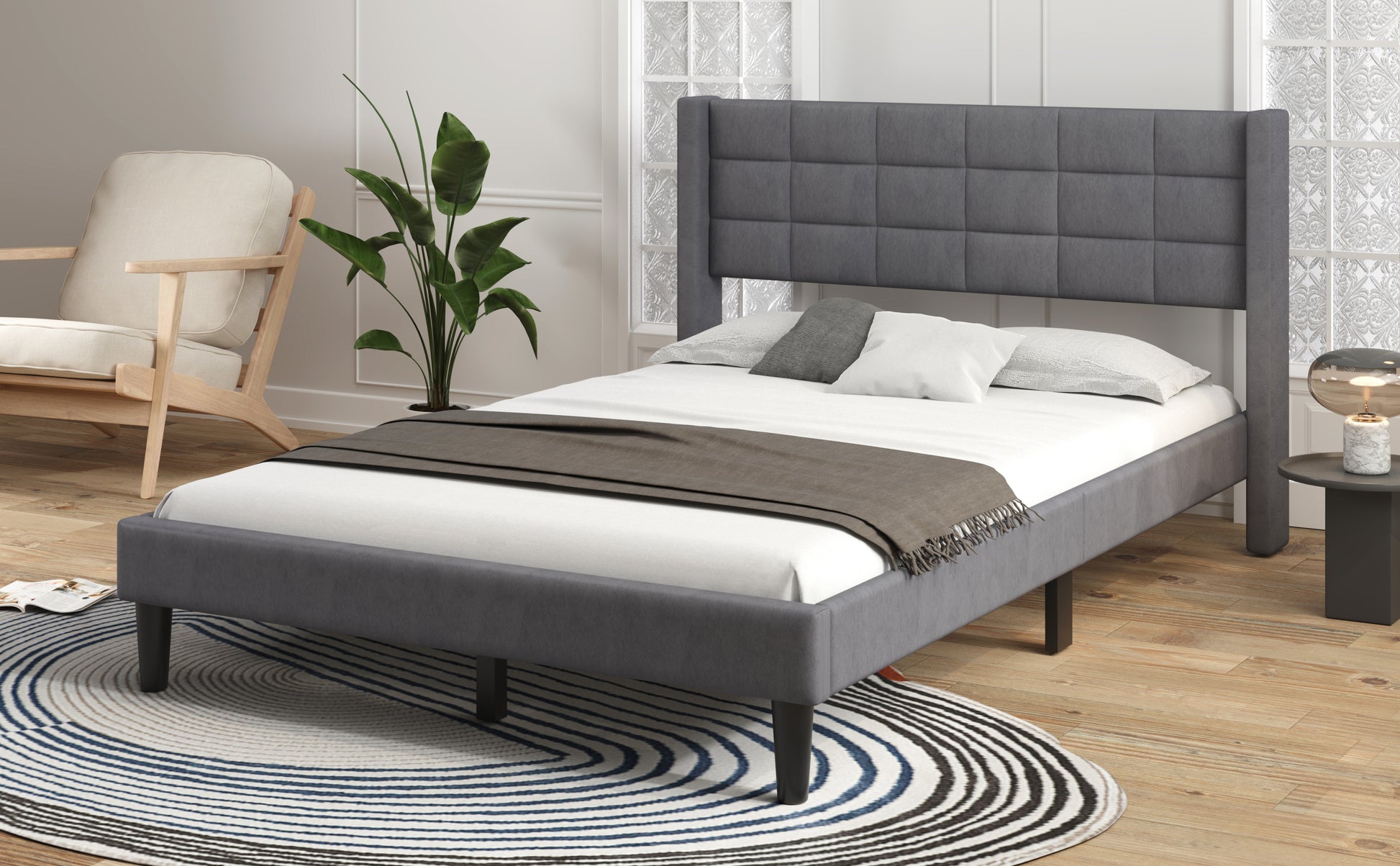 Queen Size Upholstered Platform Bed With Support Legs, Gray Box Spring Not Required Queen Gray Wood Bedroom Bed Frame Polyester Upholstered