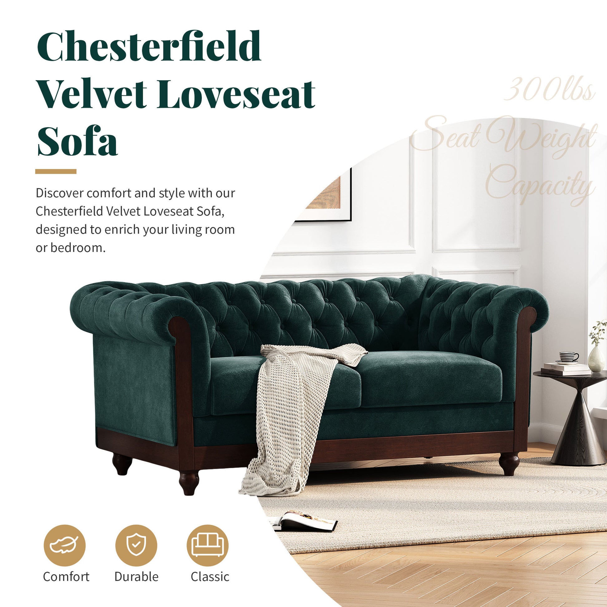 Vivalux 59.44" Chesterfield Velvet Loveseat Sofa,2 Person Rolled Arm Dutch Plush Upholstered Sofa Couch With Tufted Button For Living Room, Bedroom, Small Places,Forest Green Dark Green Espresso Velvet Wood Primary Living Space Soft Tufted Back