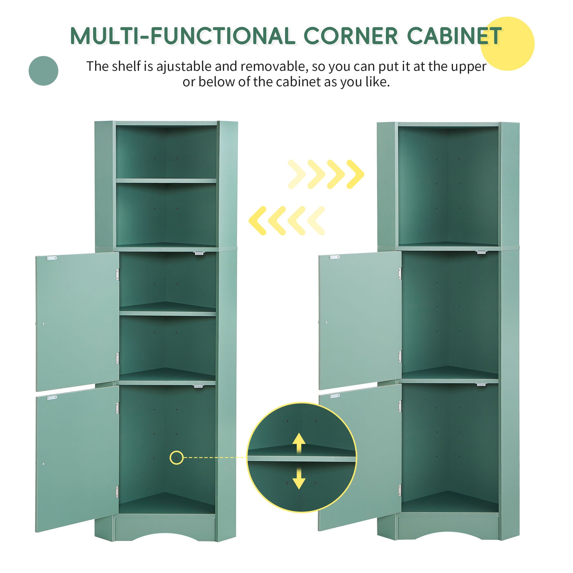 Tall Bathroom Corner Cabinet, Freestanding Storage Cabinet With Doors And Adjustable Shelves, Mdf Board, Green Green Mdf