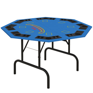 Soozier Poker Table Foldable 47" Octagon Casino Table Blackjack Texas Holdem Poker Table For 8 Players With Chips Tray And Cup Holders, Blue Blue Mdf Steel