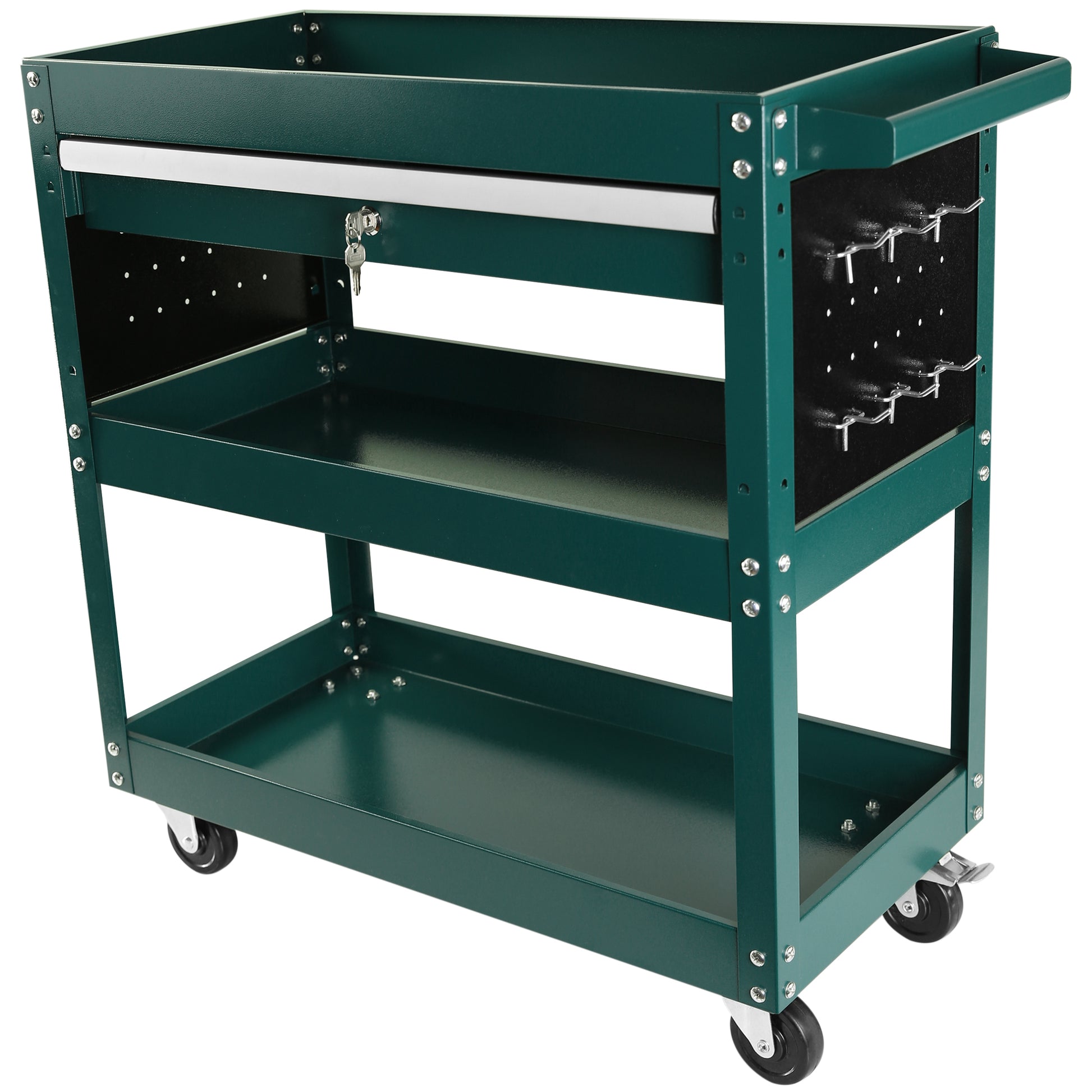 3 Tier Rolling Tool Cart, Heavy Duty Utility Cart Tool Organizer With Storage Drawer, Industrial Commercial Service Tool Cart For Mechanics, Garage, Warehouse & Repair Shop Green Steel