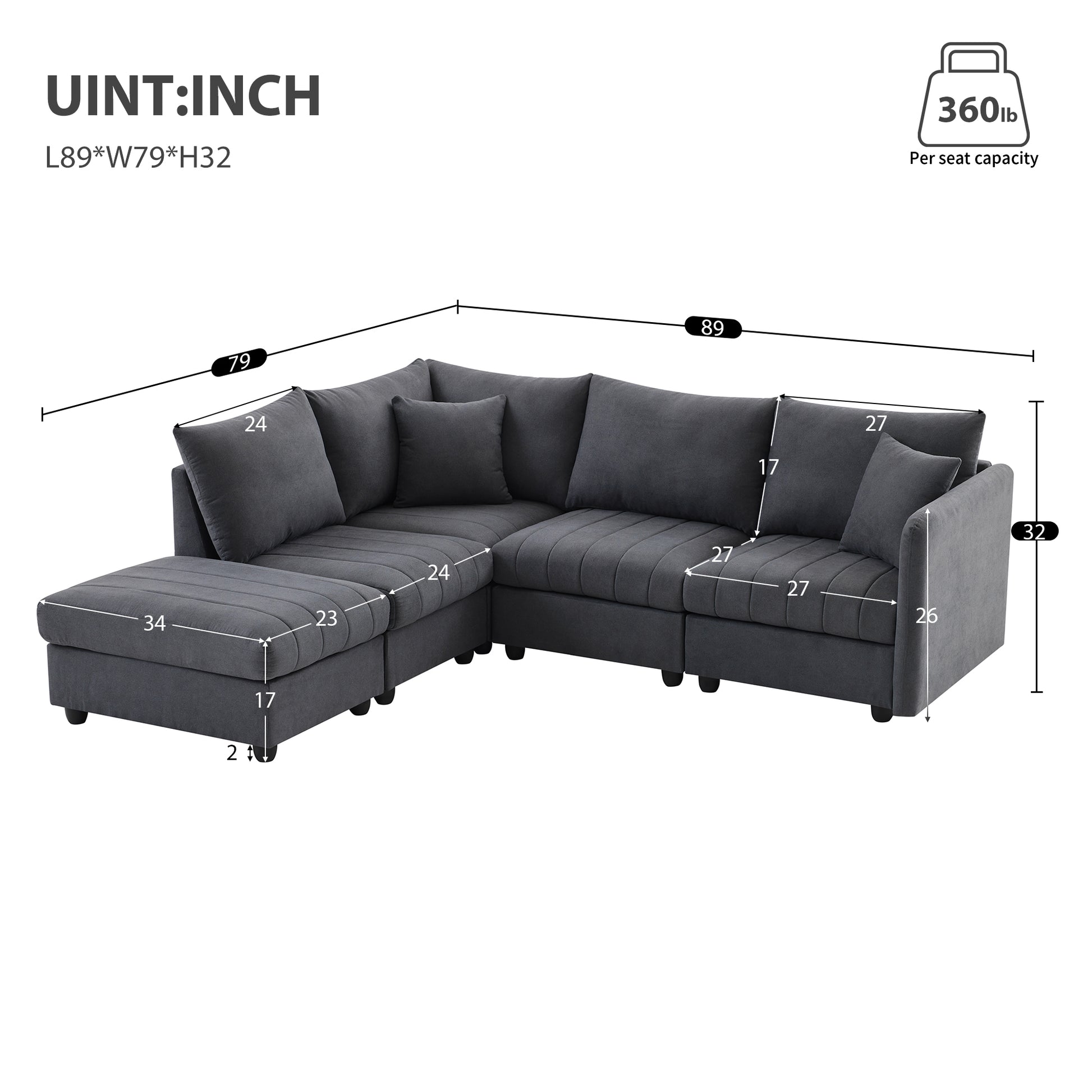 89*79"Modern Sectional Sofa With Vertical Stripes,2 Pillows,5 Seat Couch With Convertible Ottoman,Various Combinations,L Shape Indoor Furniture For Living Room,Apartment, 3 Colors Dark Gray Fabric 5 Seat