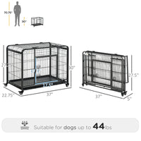 Pawhut Folding Design Heavy Duty Metal Dog Cage Crate & Kennel With Removable Tray And Cover, & 4 Locking Wheels, Indoor Outdoor 37" Dark Grey Metal