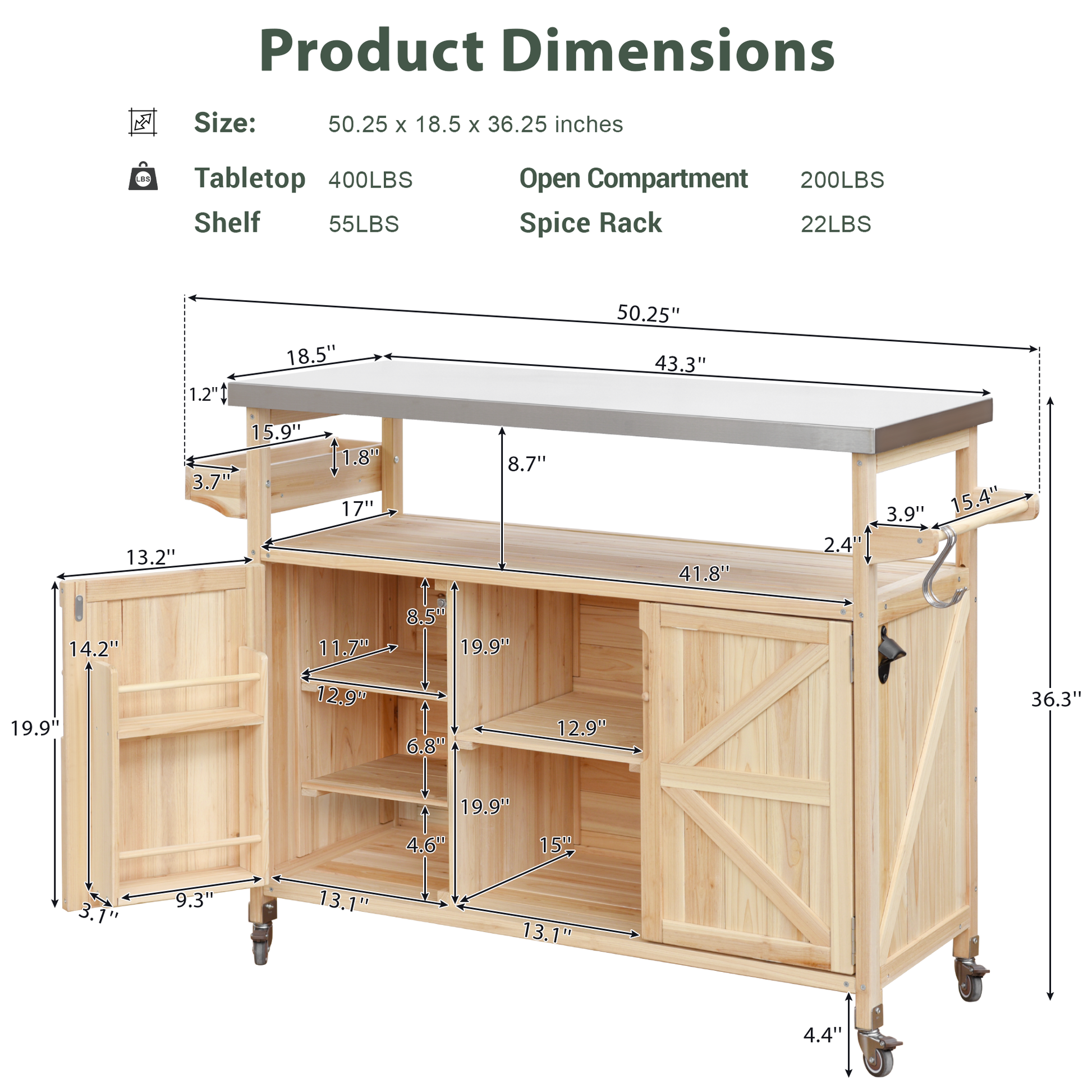 K&K Outdoor Kitchen Island, Rolling Bar Cart & Storage Cabinet, Farmhouse Solid Wood Outdoor Grill Table With Stainless Steel Top, Spice Racktowel Rack For Kitchen & Bbqnatural Natural Garden & Outdoor Classic,Farmhouse,French Country,Luxury,Modern Wood