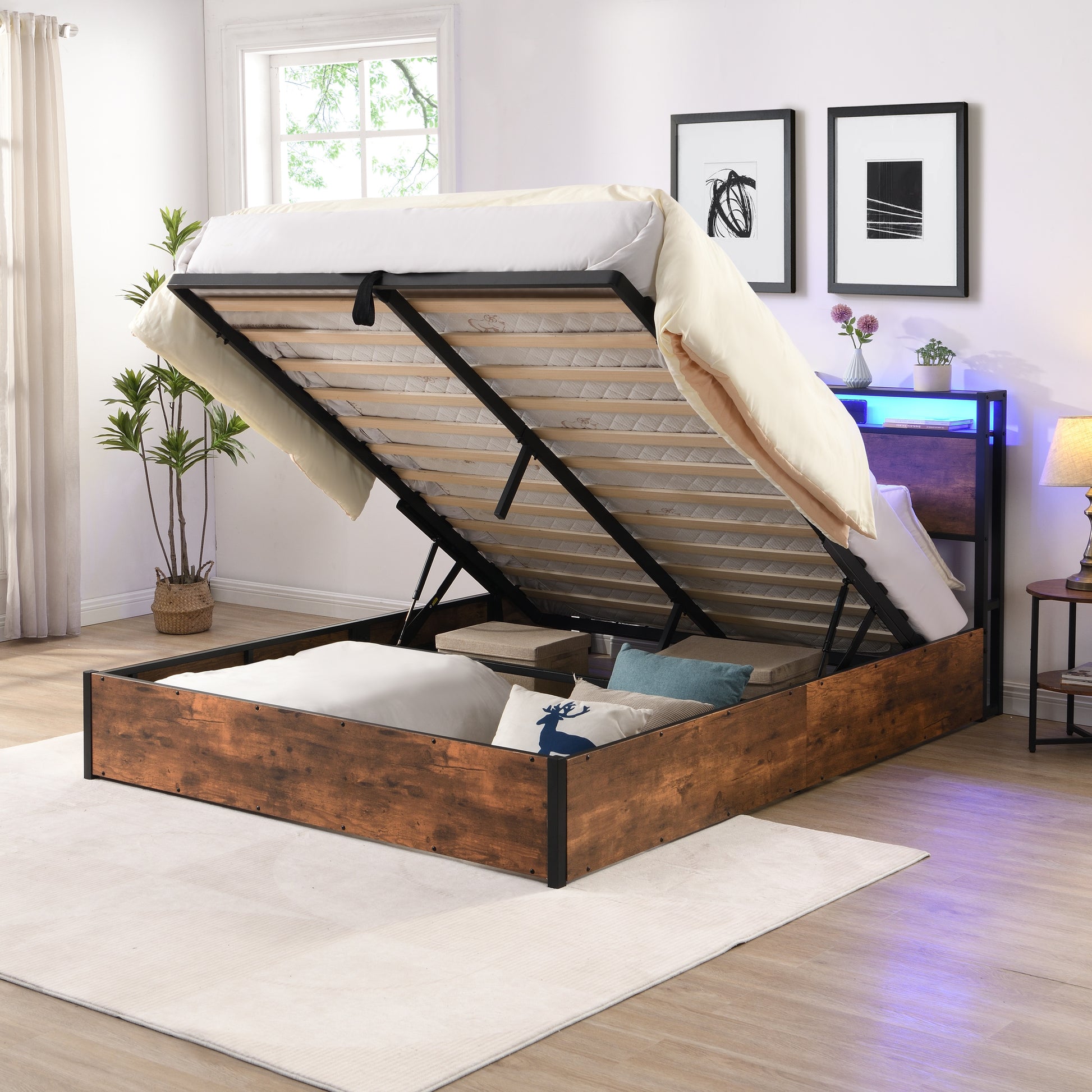 Lift Up Storage Bed Frame, Queen Size Bed Frame With Bookcase Headboard & Led Lights, Wooden Platform Bed Frame With Charging Station, No Spring Box Needed, Rustic Brown Box Spring Not Required