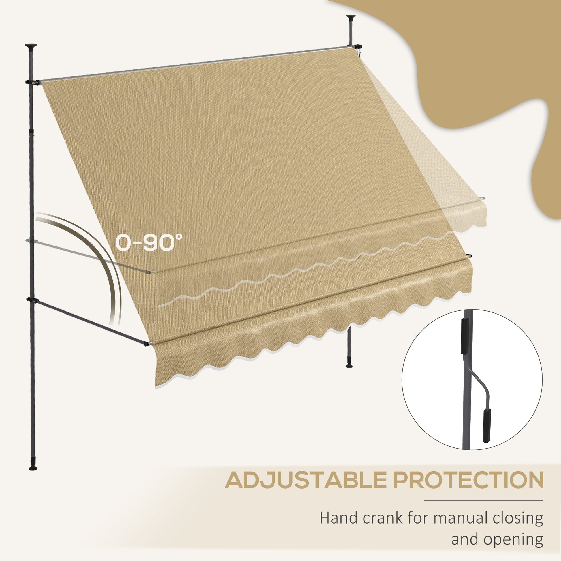Outsunny Manual Retractable Awning, 118" Non Screw Freestanding Patio Sun Shade Shelter With Support Pole Stand And Uv Resistant Fabric, For Window, Door, Porch, Deck, Beige Beige Aluminum