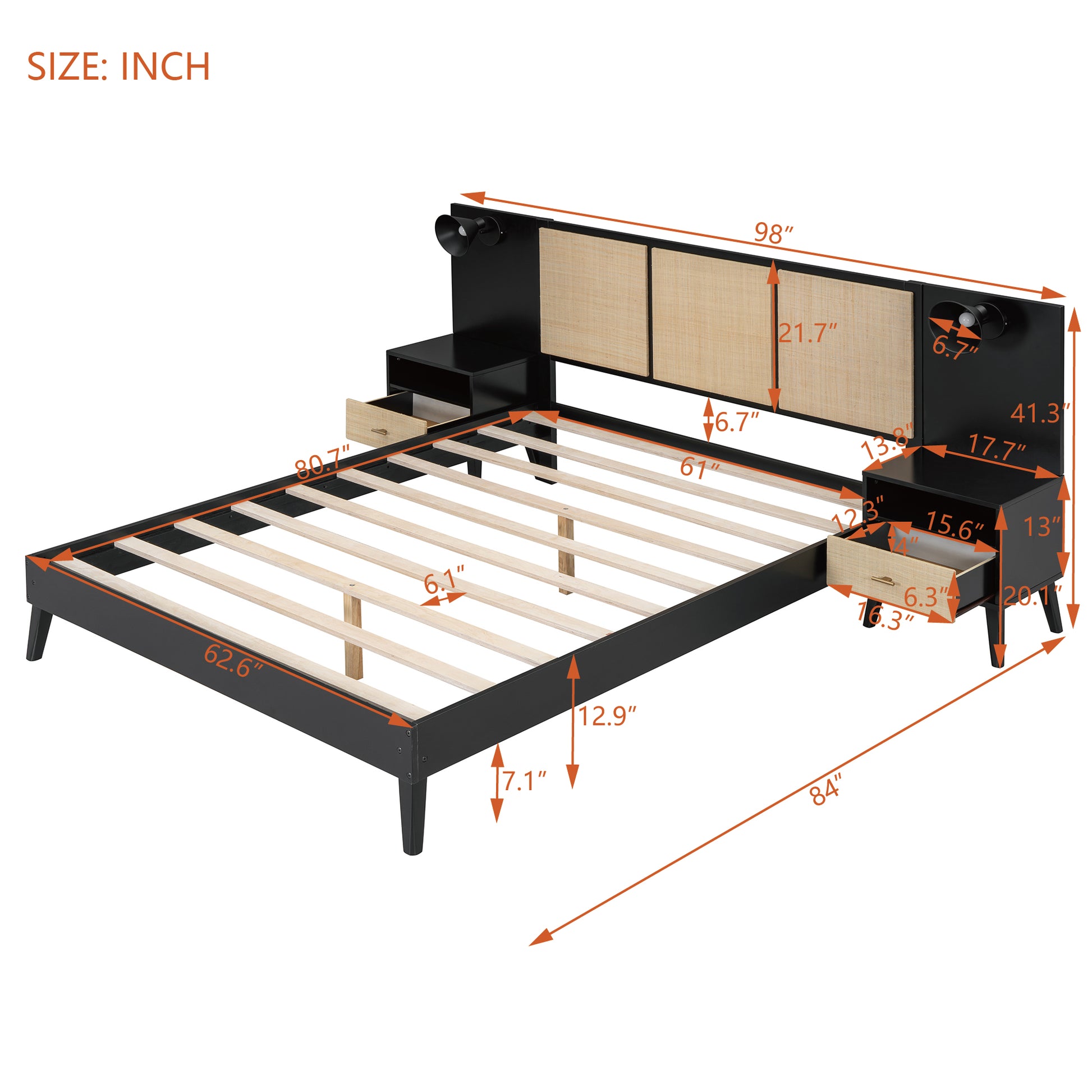 Queen Size Solid Wood Bed Frame With 2 Nightstands, Elegant Design With Lamps, Rattan And Wood Combination,Black Queen Black Wood