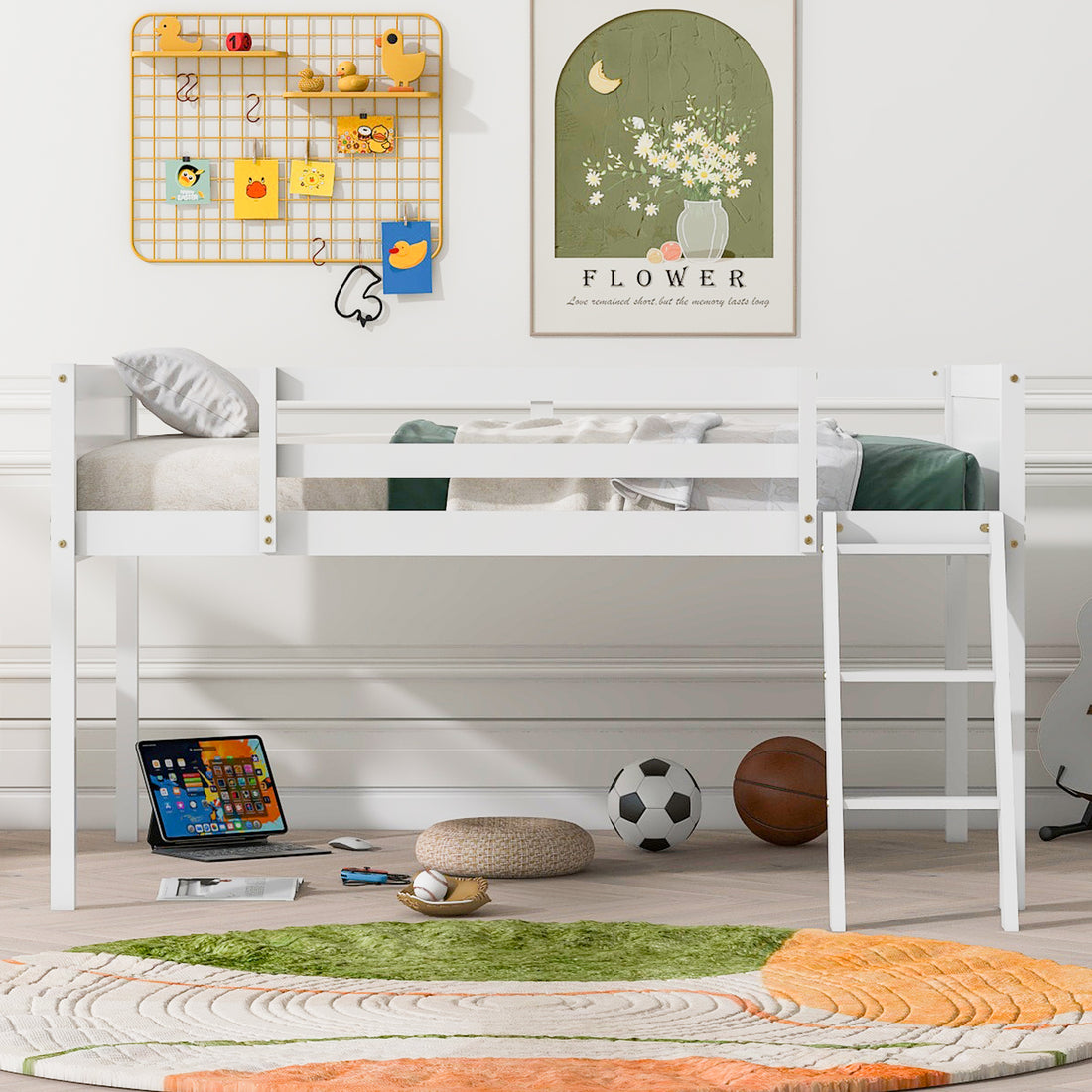 Full Size Wood Low Loft Bed With Ladder, Ladder Can Be Placed On The Left Or Right, White Oid Sku: Gx000366Aak Box Spring Not Required Full White Wood Bedroom Solid Wood Mdf