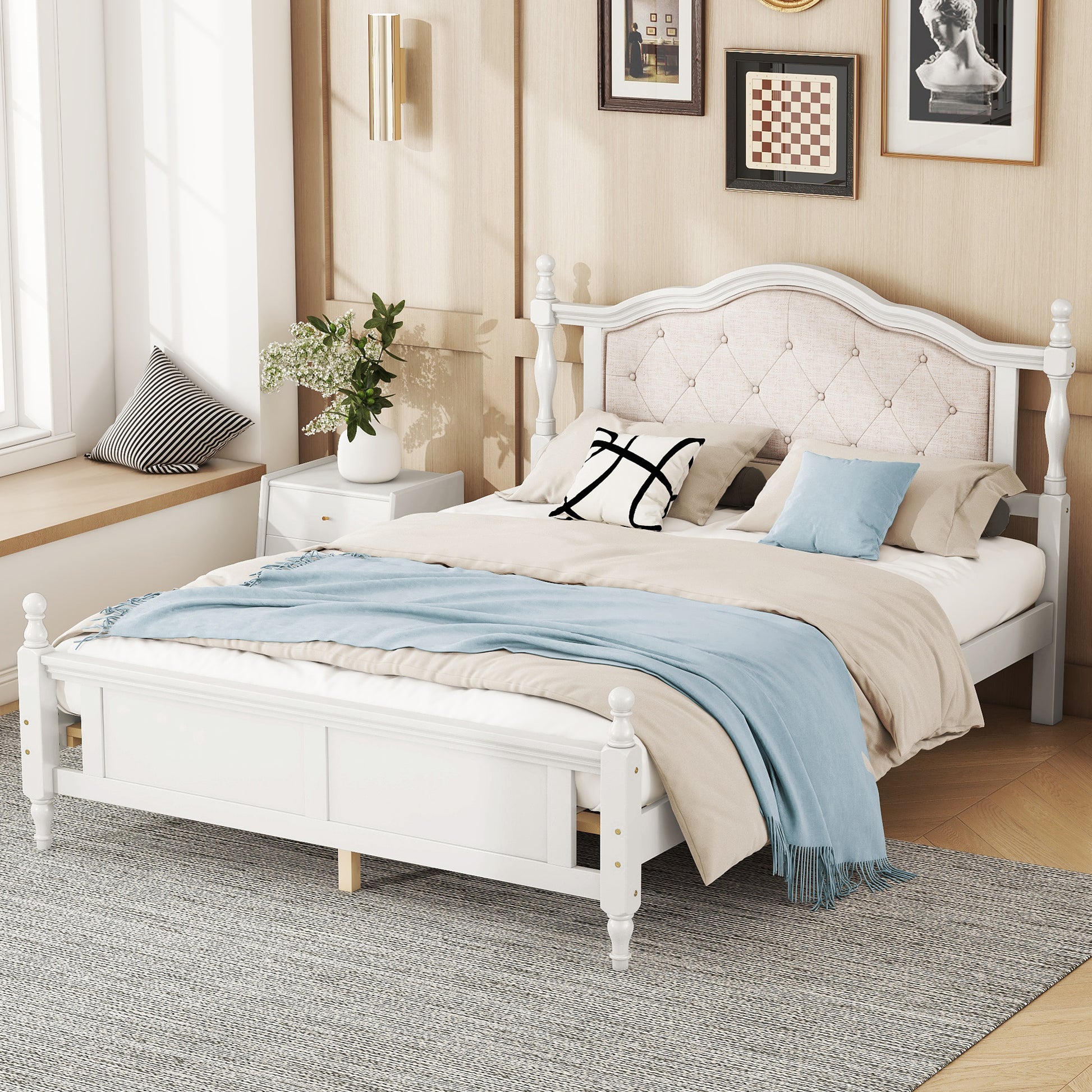 Queen Pine Wooden Bed With Upholstered Headboard And Panel Footboard, With Two Bed Rail Support Feet And Central Platform Support Feet ,White Queen White Pine