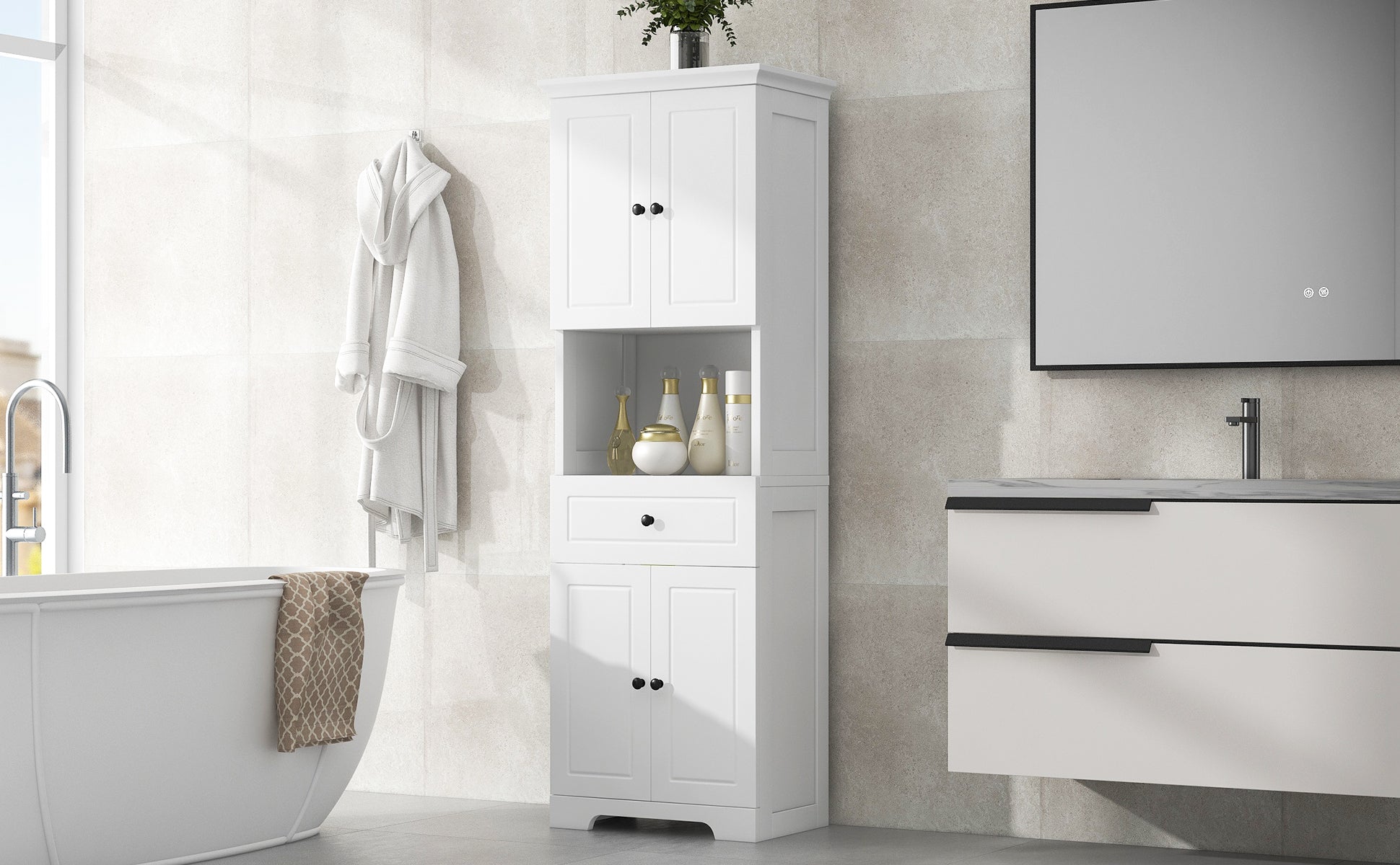 Tall Bathroom Cabinet With Four Doors, Large Storage Space Open Shelve, Upper Storage Cabinet, White White Mdf