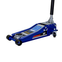 Low Position Steel Vehicle Floor Mounted Hydraulic Jack With Dual Piston Quick Lift Pump, 3 Ton 6600 Lb. Capacity. Blue Steel