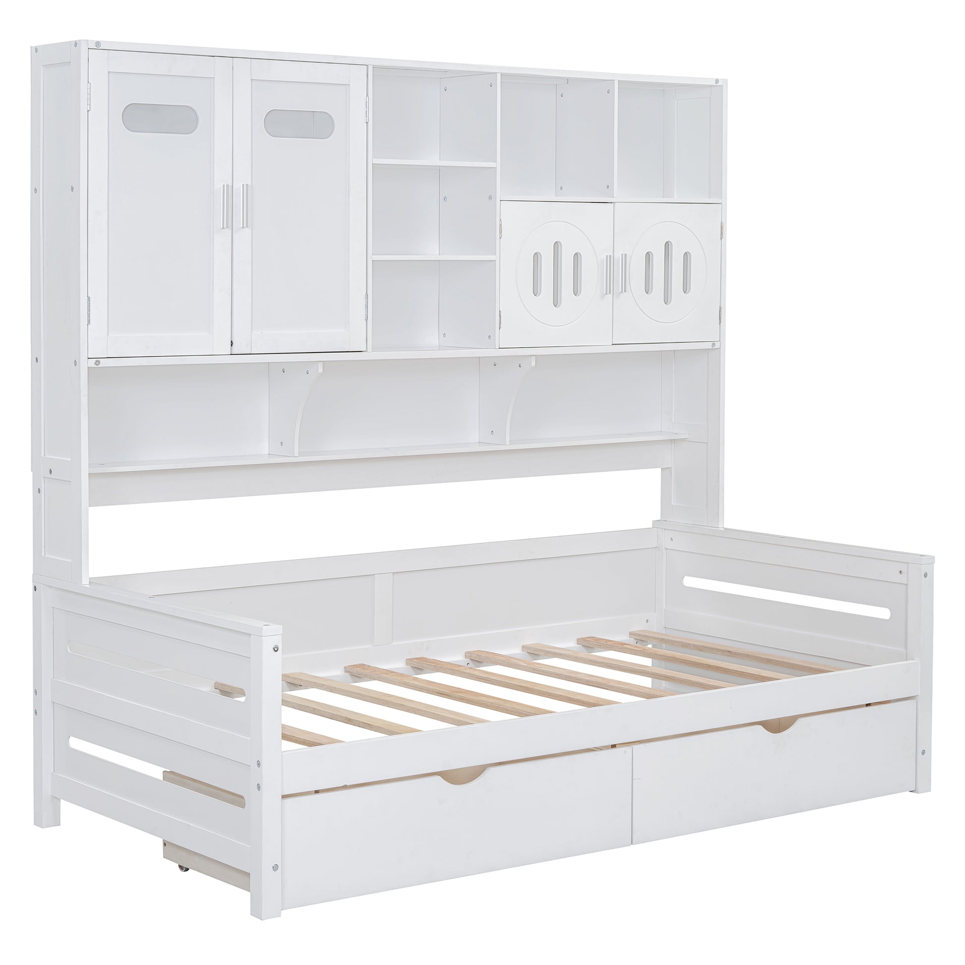 Twin Size Wooden Daybed With 2 Drawers, And All In One Cabinet And Shelf, White Twin White Wood