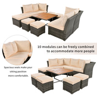 Patio Furniture Set, 10 Piece Outdoor Conversation Set, Coffeetable With Ottomans, Solid Wood Coffee Table Beige Rattan