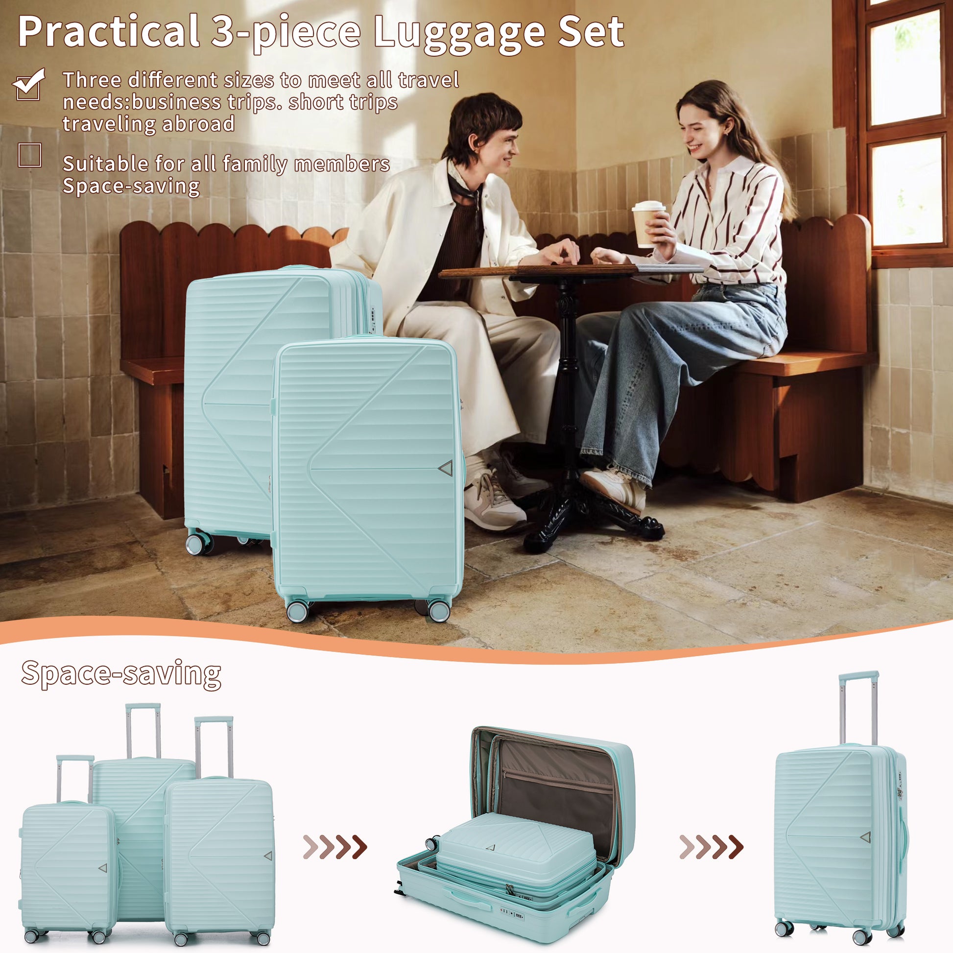 Pp Luggage Sets 3 Piece 20 24 28 , Expandable Carry On Luggage With Tsa Lock Airline Approved, Pp Materials Hard Shell And Lightweight Suitcase With Spinner Wheels Mint Green Mint Green Polypropylene