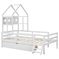 Wood Twin Size House Platform Bed With Guardrail And Drawer, White Box Spring Not Required Twin White Wood Bedroom Bed Frame Solid Wood Mdf