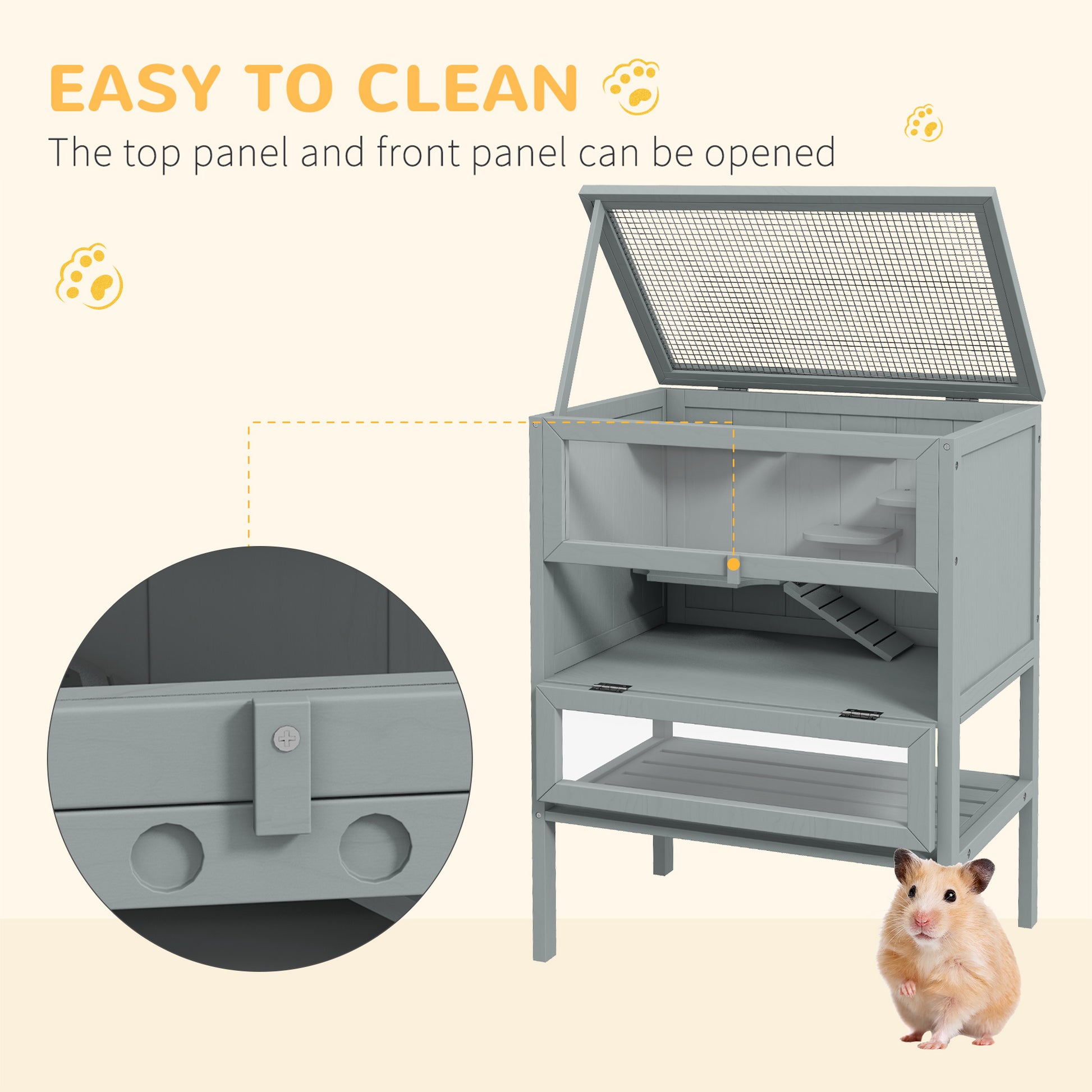 Pawhut 3 Tier Wooden Hamster Cage Mice And Rat Cage Small Animals Hutch With Openable Top, Front Door, Storage Shelf, Gray Gray Wood