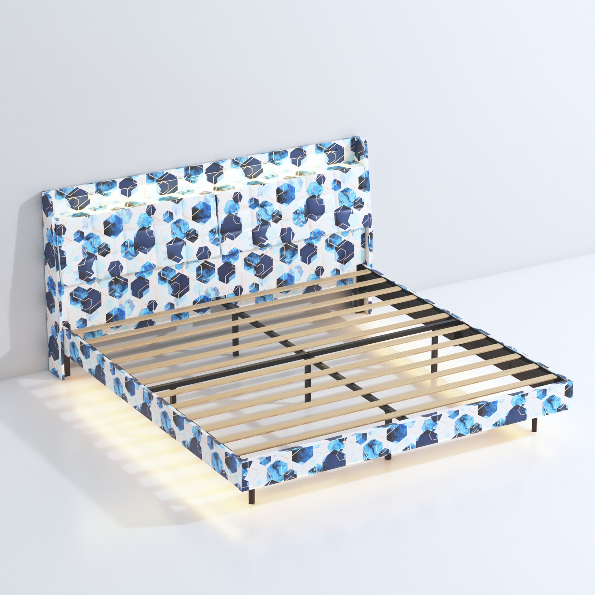 Queen Floating Bed Frame With Led Light And Charging Station Upholstered Platform Bed Frame Queen Size With Headboard And Hidden Storage Space, No Box Spring Needed, Blue Box Spring Not Required