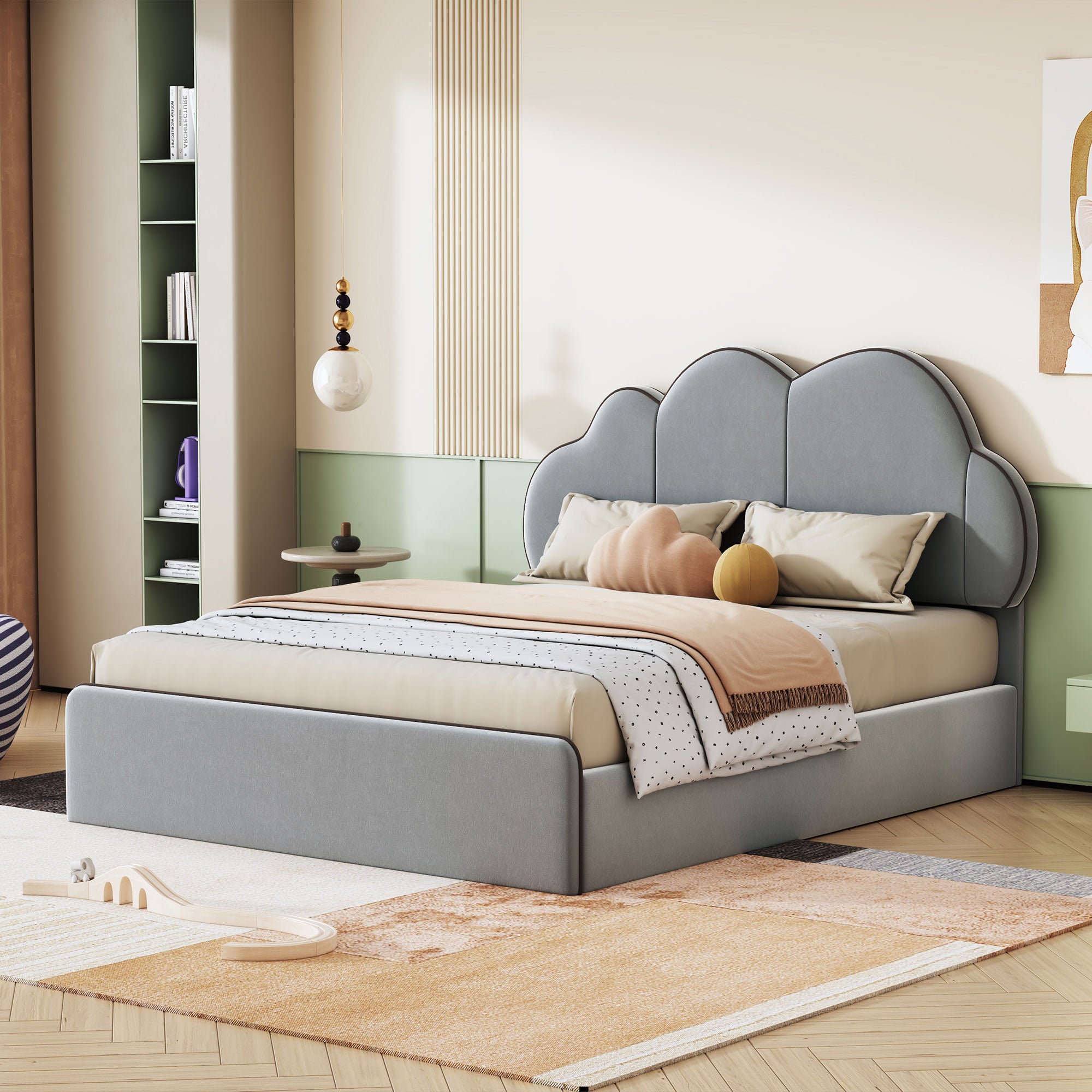 Queen Size Upholstered Platform Bed With Cloud Shaped Headboard, Gray Queen Gray Velvet