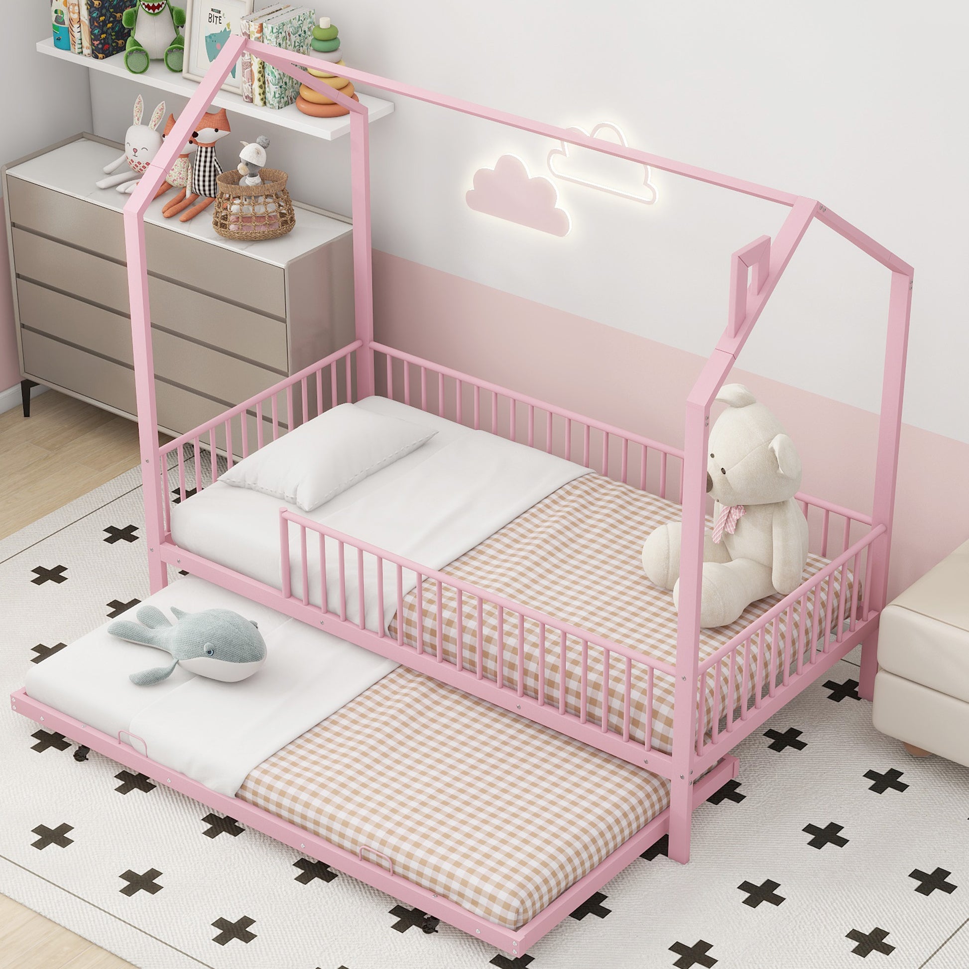 Twin Size Metal House Bed With Fence, With Trundle, Pink Expected Arrival Time: 10.18 Twin Pink Metal