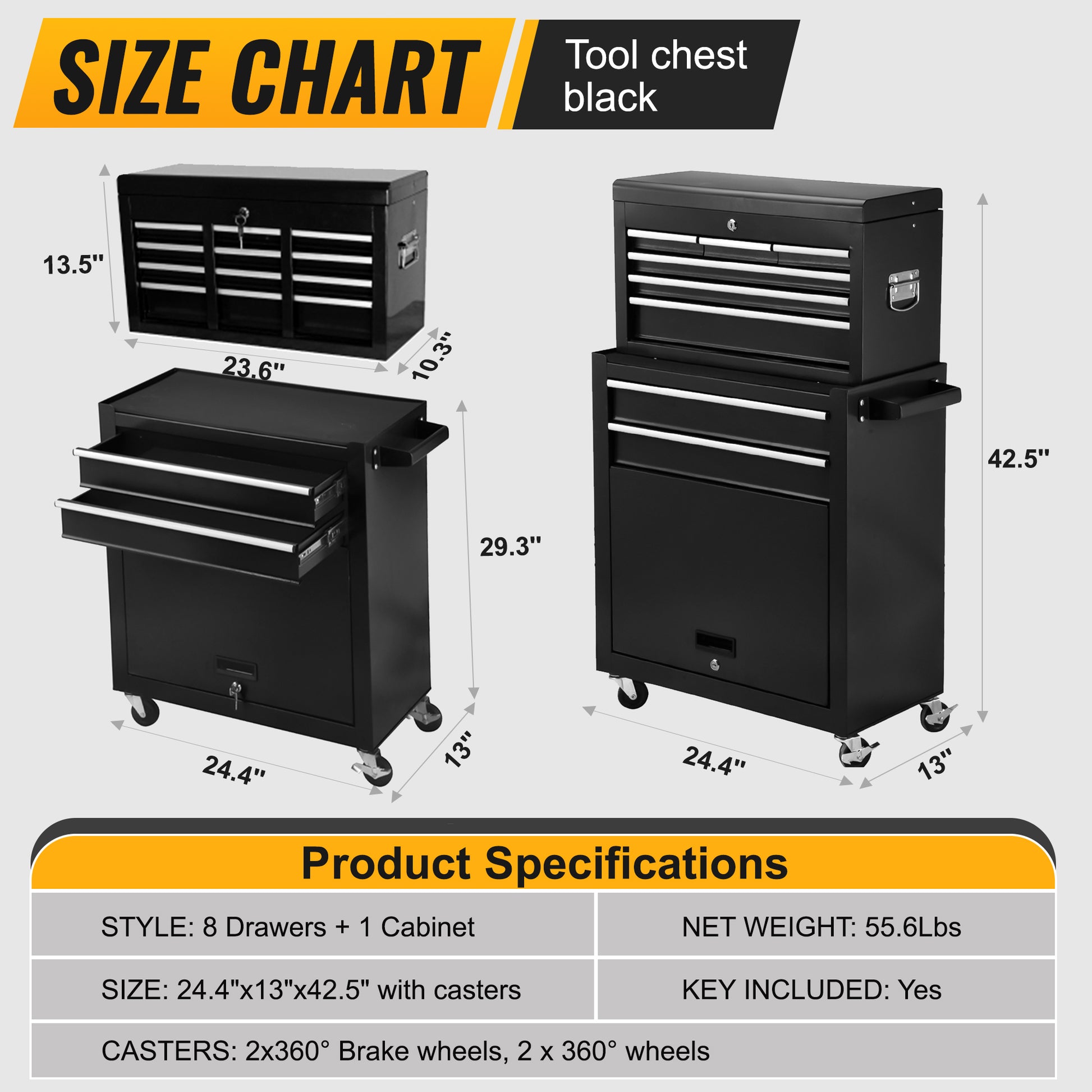 High Capacity Rolling Tool Chest With Wheels And Drawers, 8 Drawer Tool Storage Cabinet Black Iron