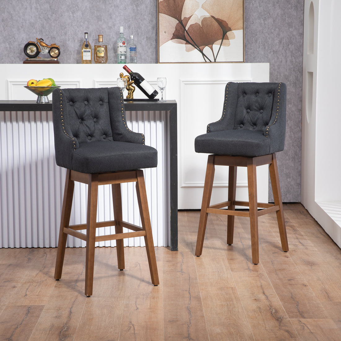 Coolmore Bar Stools Set Of 2 Counter Height Chairs With Footrest For Kitchen, Dining Room And 360 Degree Solid Wood Legs Swivel Bar Stools Set Of 2 Black Linen Black Foam Linen