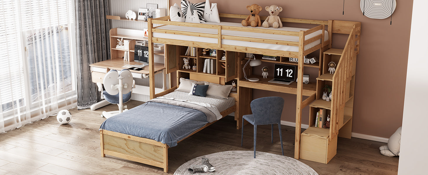 Twin Over Twin Loft Bed With Built In Desk And Staircase, With Storage Compartments And Shelves, Natural Twin Box Spring Not Required Natural Wood Pine