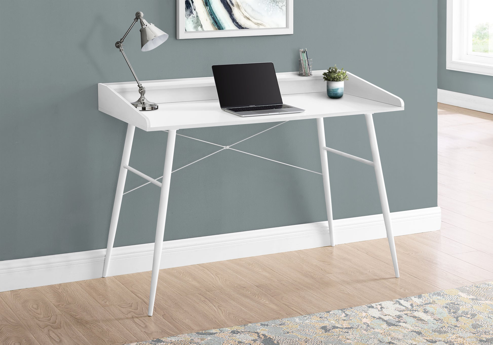 Computer Desk, Home Office, Laptop, Storage Shelves, 48"L, Work, White Laminate, White Metal, Contemporary, Modern White Particle Board