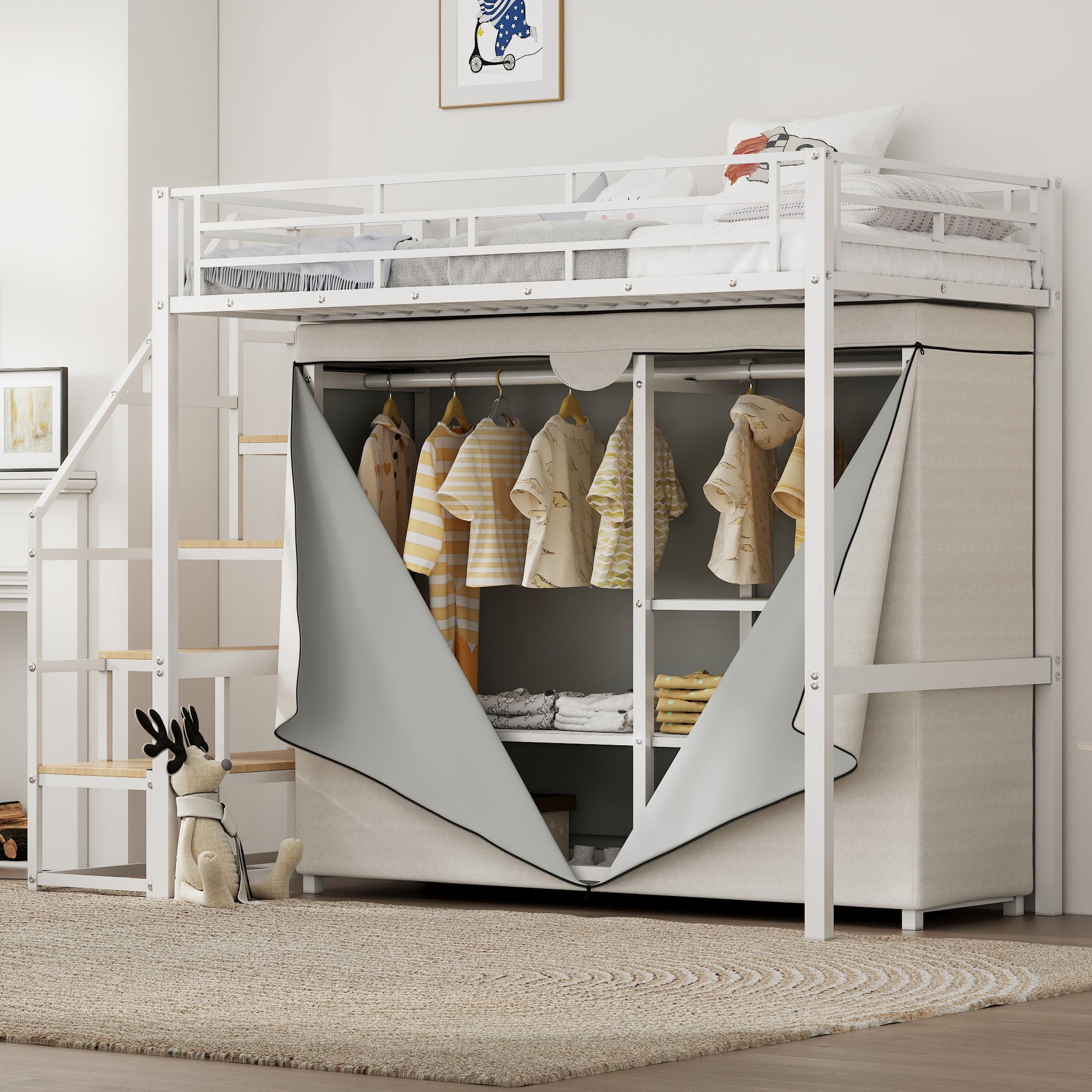 Twin Size Metal Loft Bed With Wardrobe And Storage Shelves, White Box Spring Not Required Twin White Metal Mdf Metal