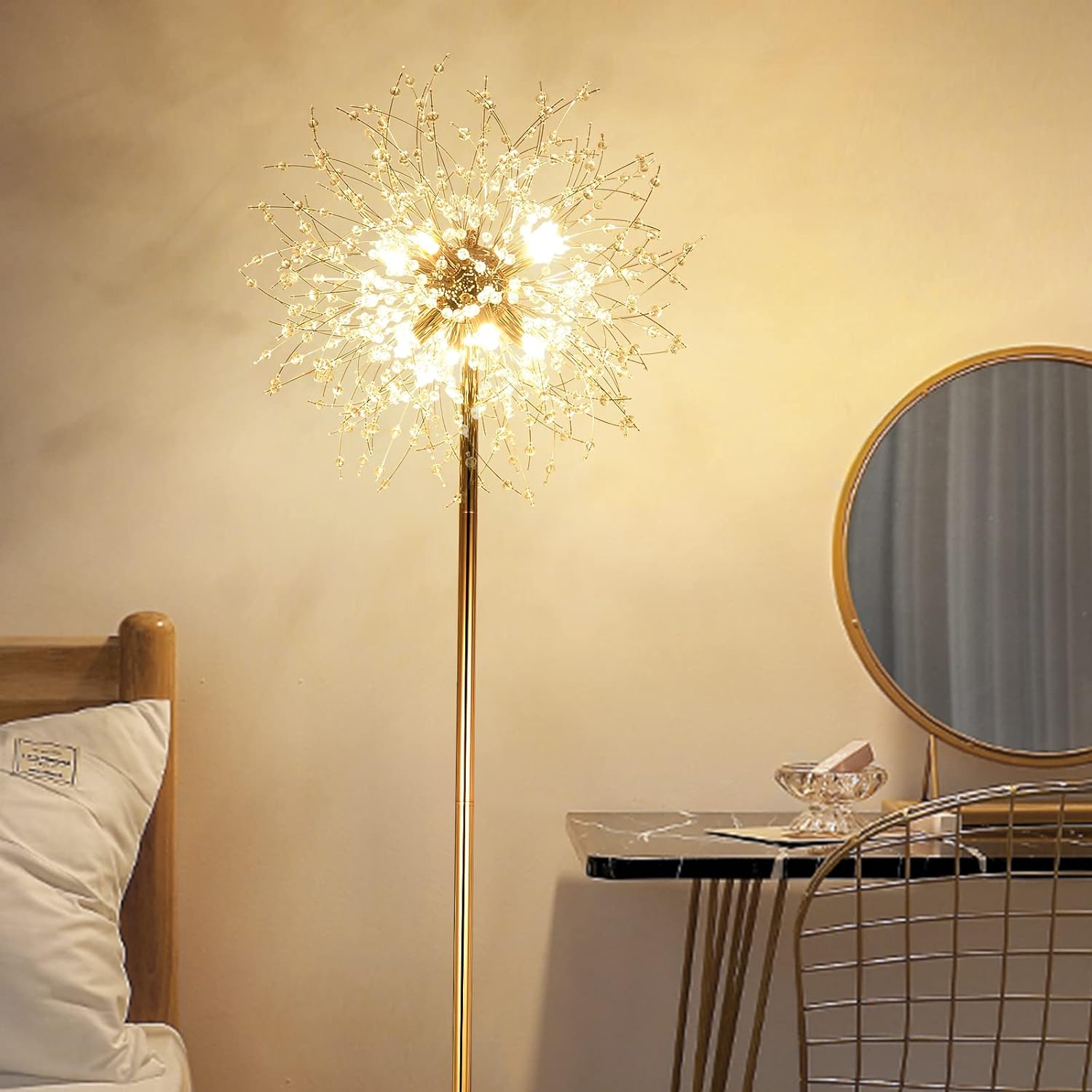 69 Inch Crystal Floor Lamp, Modern Standing Lamp With K9 Crystal, Led Floor Lamp With On Off Foot Switch, Metal Tall Pole Lamp For Living Room, Girls Room, Bedroom, Dresser, Office, Gold Finish