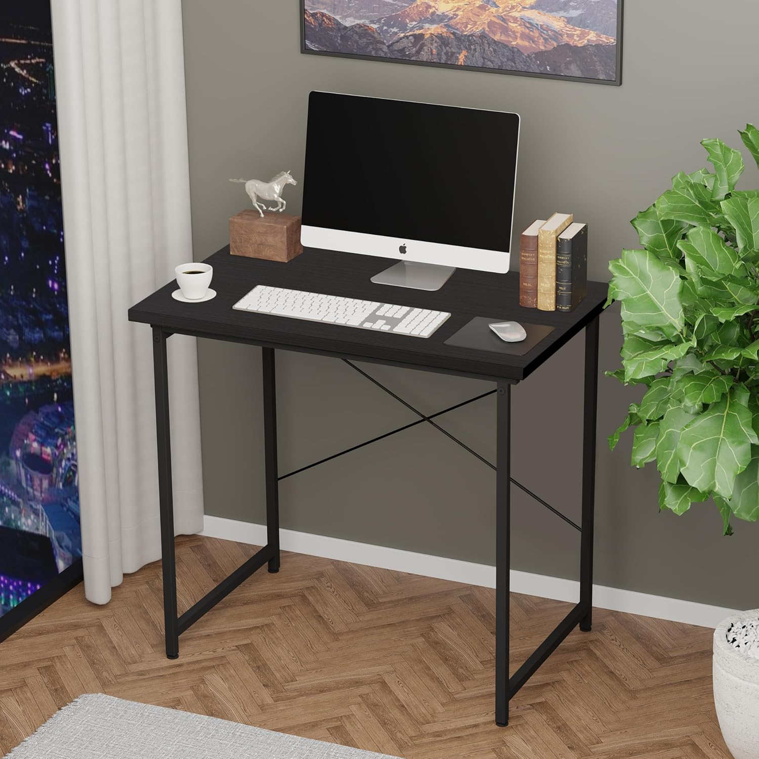 Small Space Writing Desk With Headphone Hooks Modern Simple Design, Suitable For Study, Home Office And Children'S Room, 32 Inch, Black Black Wood