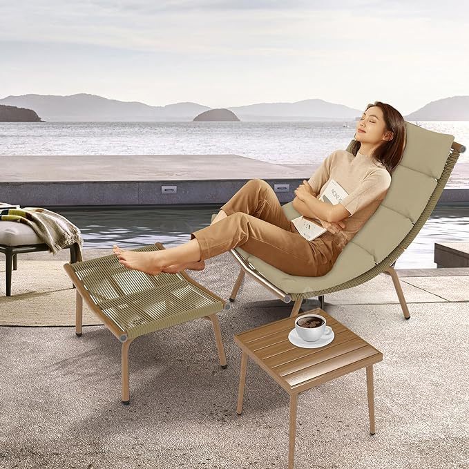 Chaise Lounge Chair With Table For Outdoor Indoor Wood Color Alloy Frame 380Lbs Capacity With Cushion Recliner For Camping Gaming Lunch Break Garden Party Sunbathing Gold Brown Rattan Metal