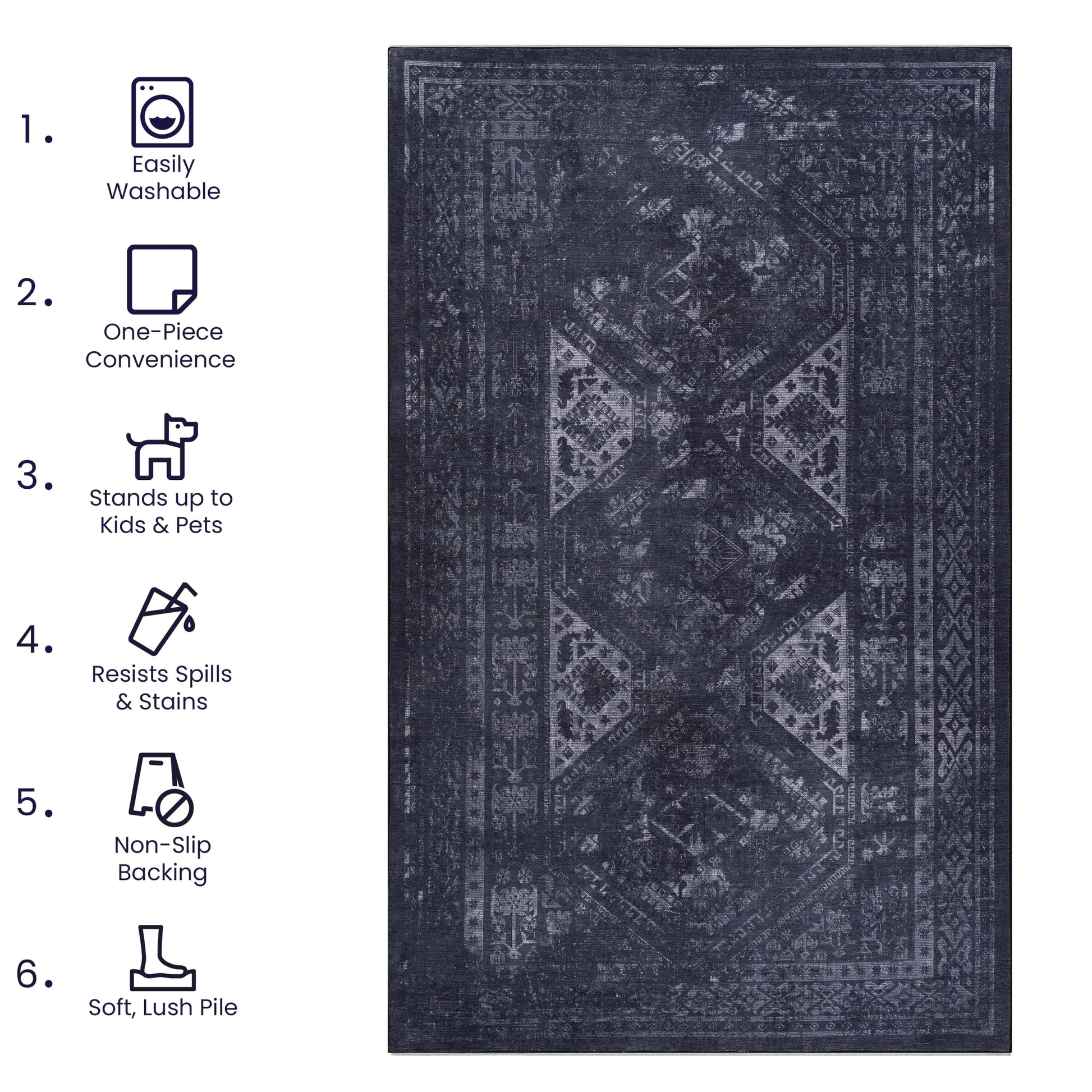 Naar Area Rugs 8X10 For Living Room, Washable Rug, Low Pile, Non Slip, Non Shedding, Foldable, Kid & Pet Friendly Area Rugs For Living Room, Bedroom, Kitchen, Dining Room, Black Gray, 8' X 10' Black Gray Chenille Polyester