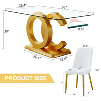 Table And Chair Set.63"W X 35.4"D X 30"H Clear Tempered Glass Desk And Chair Set With 4 White Pu Chairs With Gold Metal Legs.Bring A Comfortable Home Experience To The Kitchen, Bedroom, And Office.
