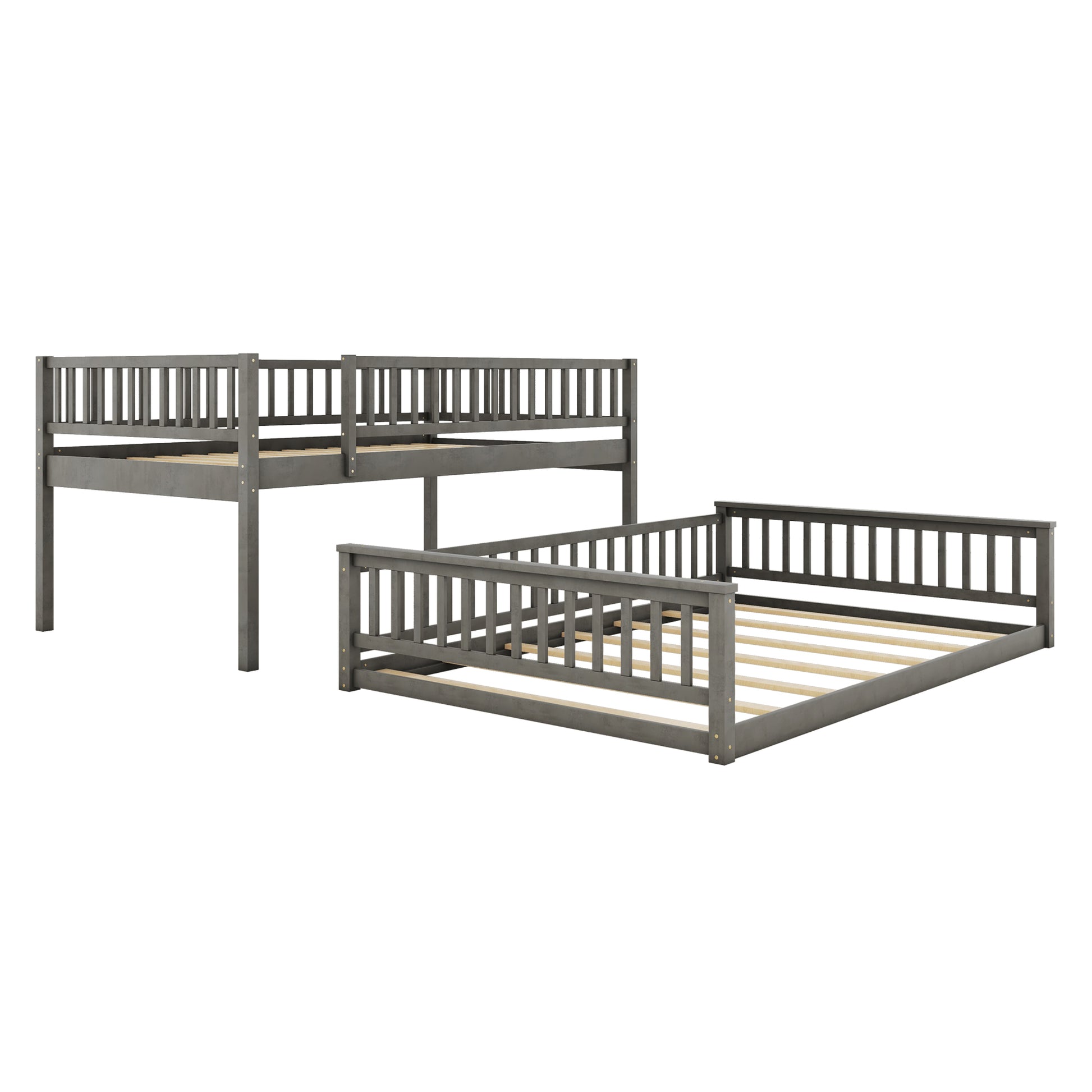 Full Xl Over Queen Bunk Bed With Ladder And Guardrails, Gray Box Spring Not Required Queen Gray Wood Bunk Solid Wood Mdf