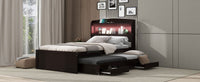Twin Xl Size Platform Bed With Storage Led Headboard, Charging Station, Twin Size Trundle And 2 Drawers, Dark Brown Box Spring Not Required Twin Xl Dark Brown Wood Bedroom Bed Frame Solid Wood Mdf
