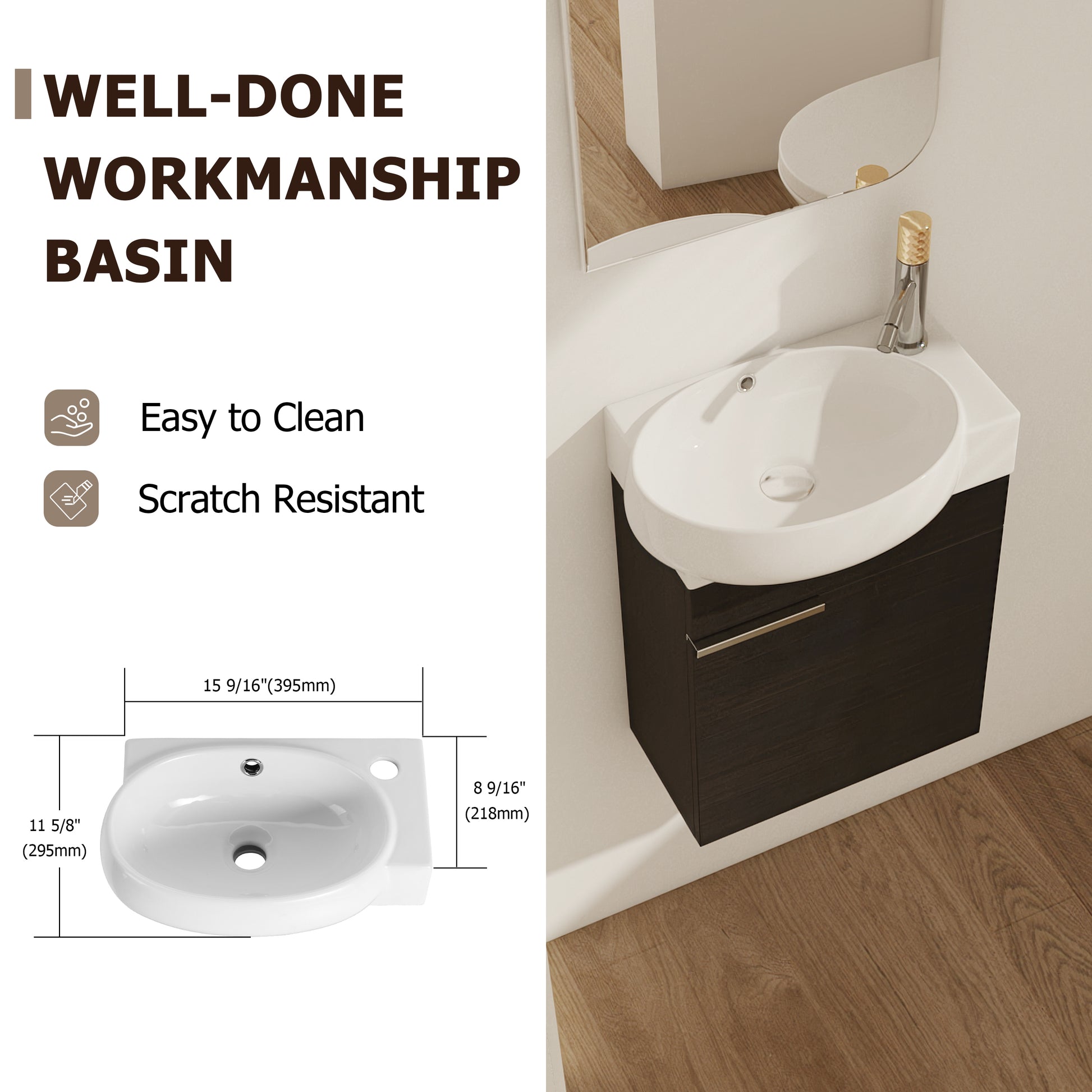 Soft Close Doors Bathroom Vanity With Sink,16 Inch For Small Bathroom Black Chestnut 1 Bathroom Wall Mounted Modern Plywood