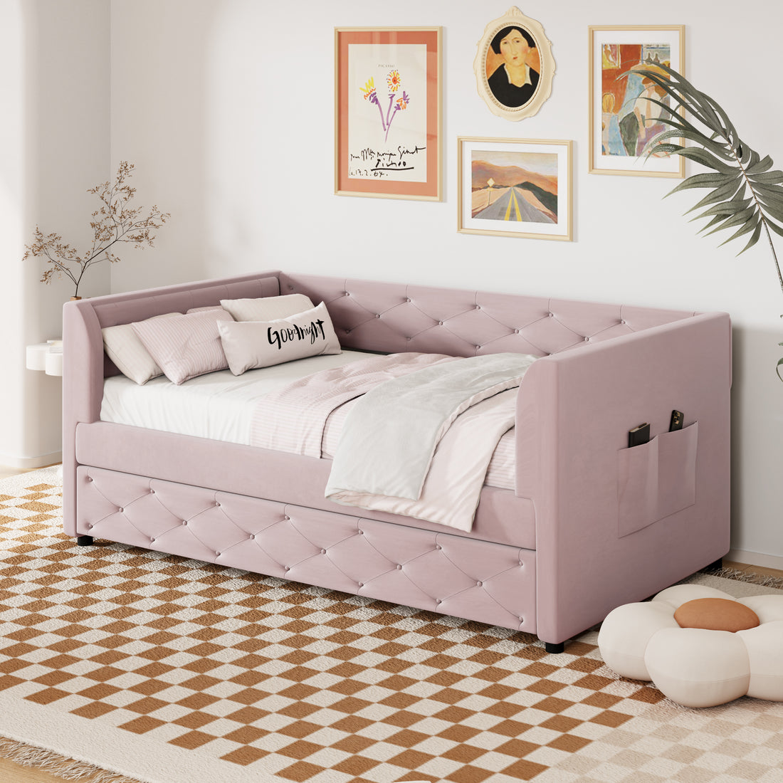 Twin Size Upholstered Velvet Tufted Daybed With Trundle, Pink Box Spring Not Required Twin Pink Wood Daybeds Velvet Solid Wood Mdf,Velvet